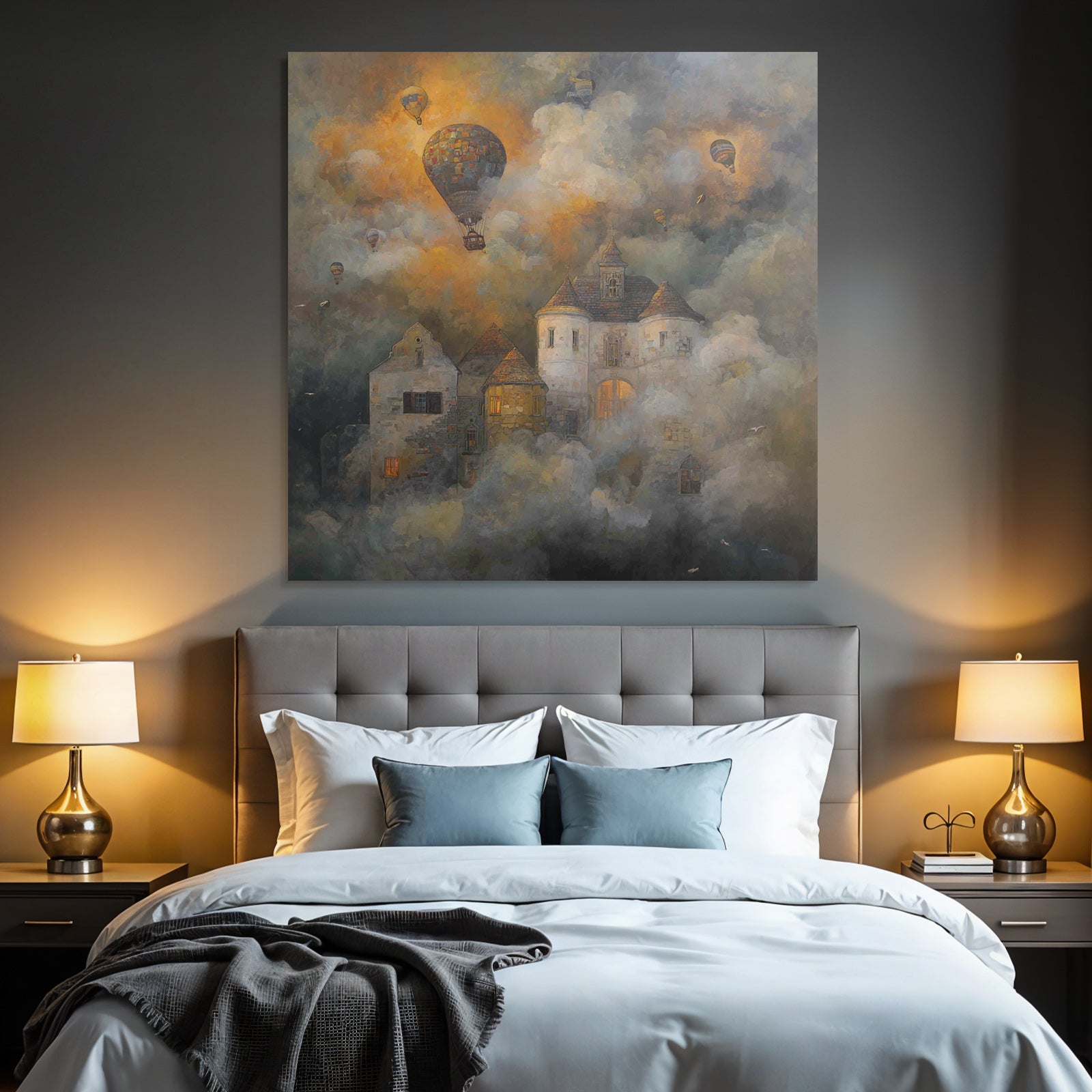Fantastisch Surreal Vertraeumtes Wolkenschloss Mit Bunten Heissluftballons