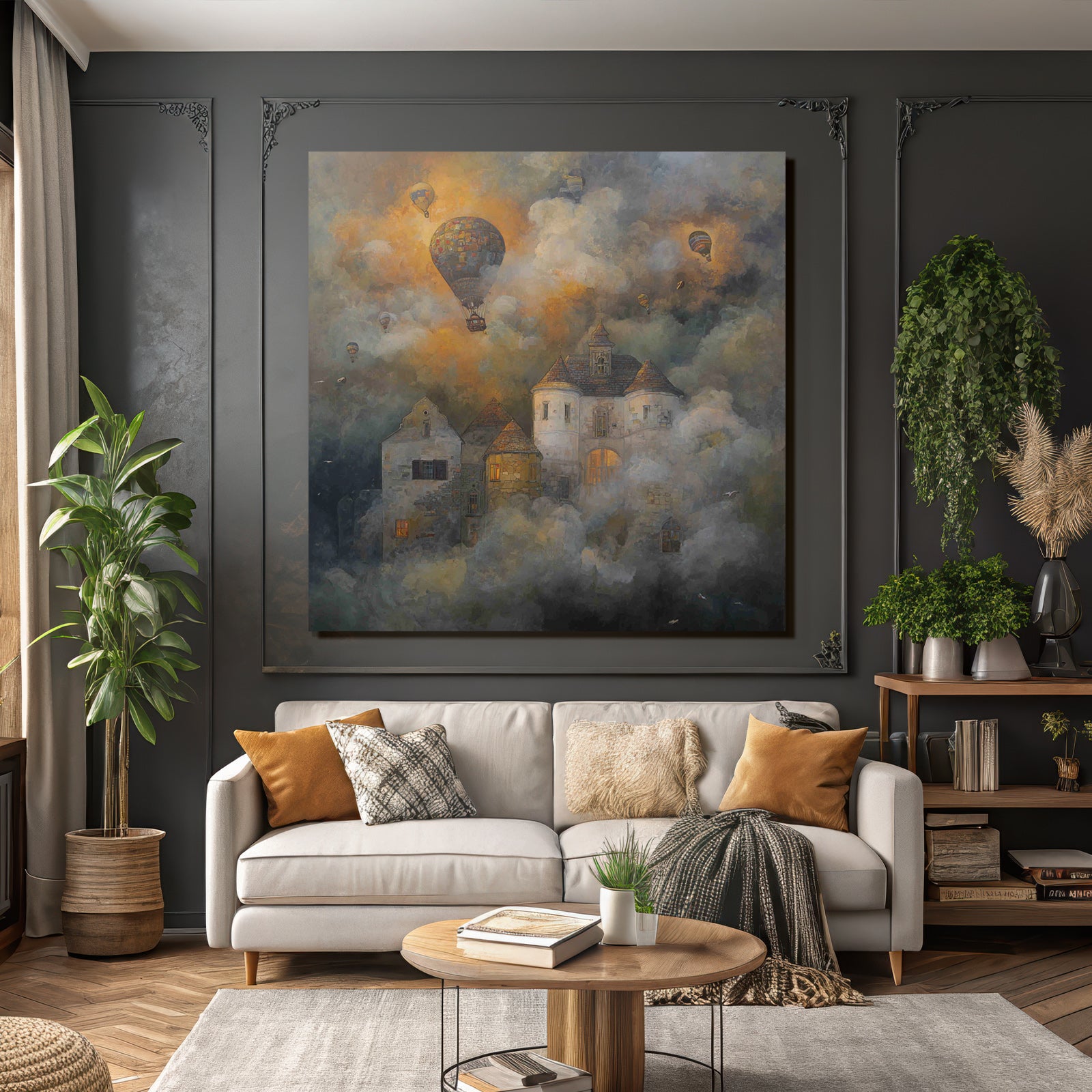 Fantastisch Surreal Vertraeumtes Wolkenschloss Mit Bunten Heissluftballons