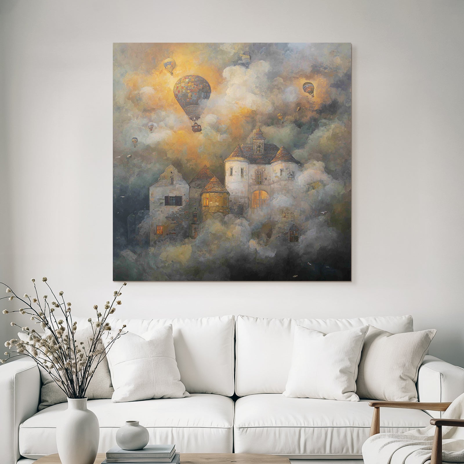 Fantastisch Surreal Vertraeumtes Wolkenschloss Mit Bunten Heissluftballons