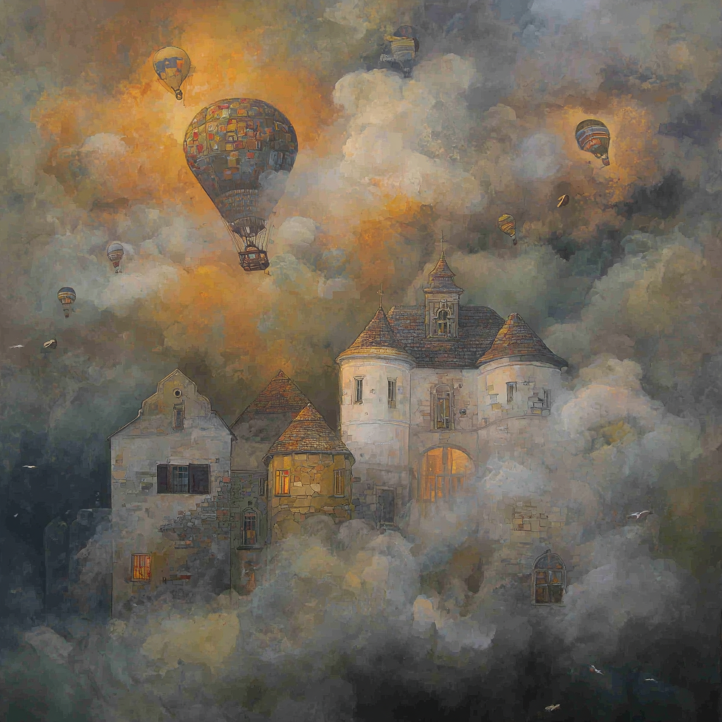 Fantastisch Surreal Vertraeumtes Wolkenschloss Mit Bunten Heissluftballons | Fantastisch und Surreal | Stilrichtungen