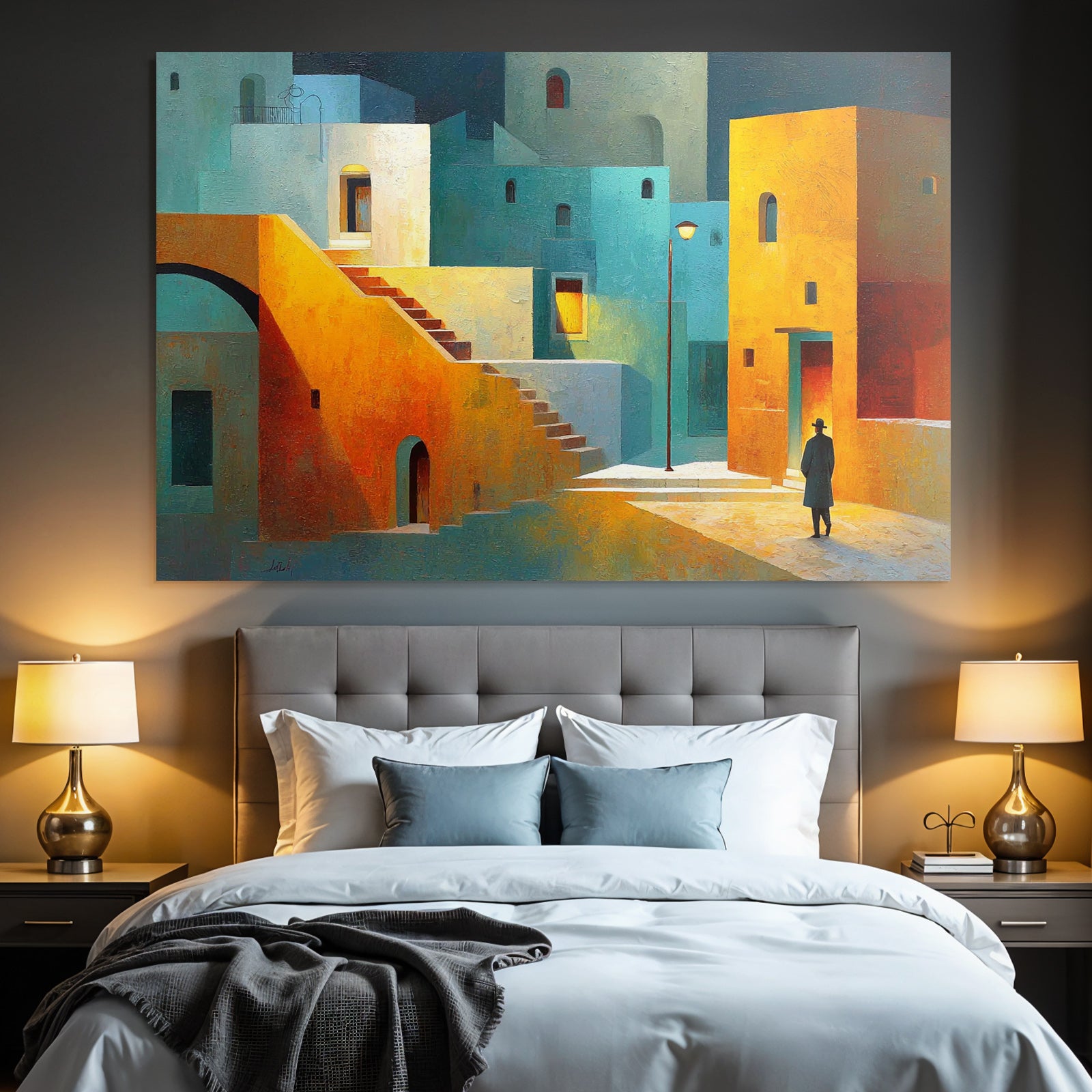 Fantastisch Surreal Bunte Abstrakte Stadtlandschaft Mit Treppen Und Einsamer Figur