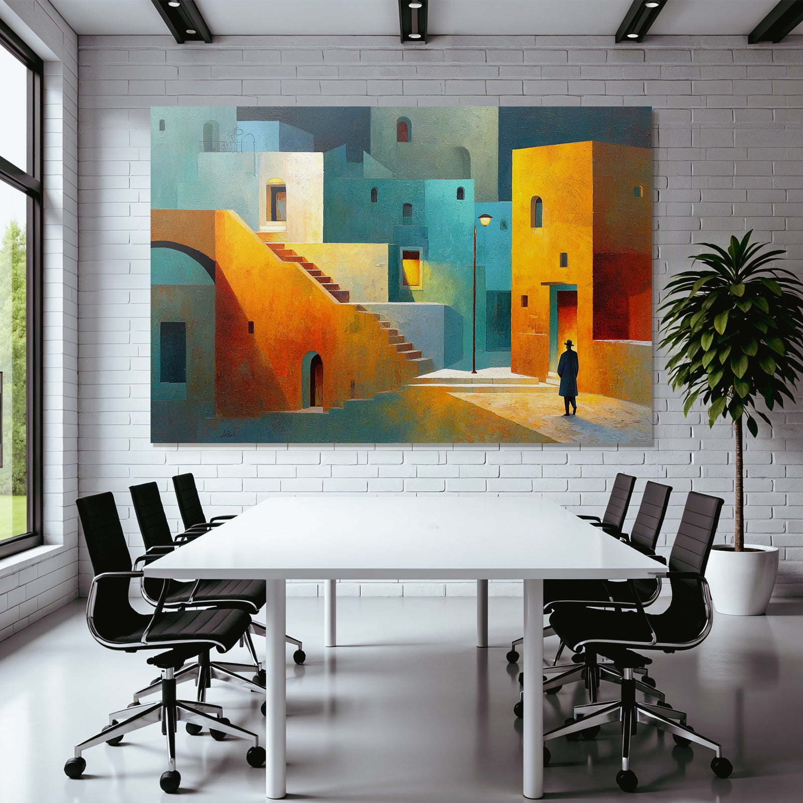 Fantastisch Surreal Bunte Abstrakte Stadtlandschaft Mit Treppen Und Einsamer Figur