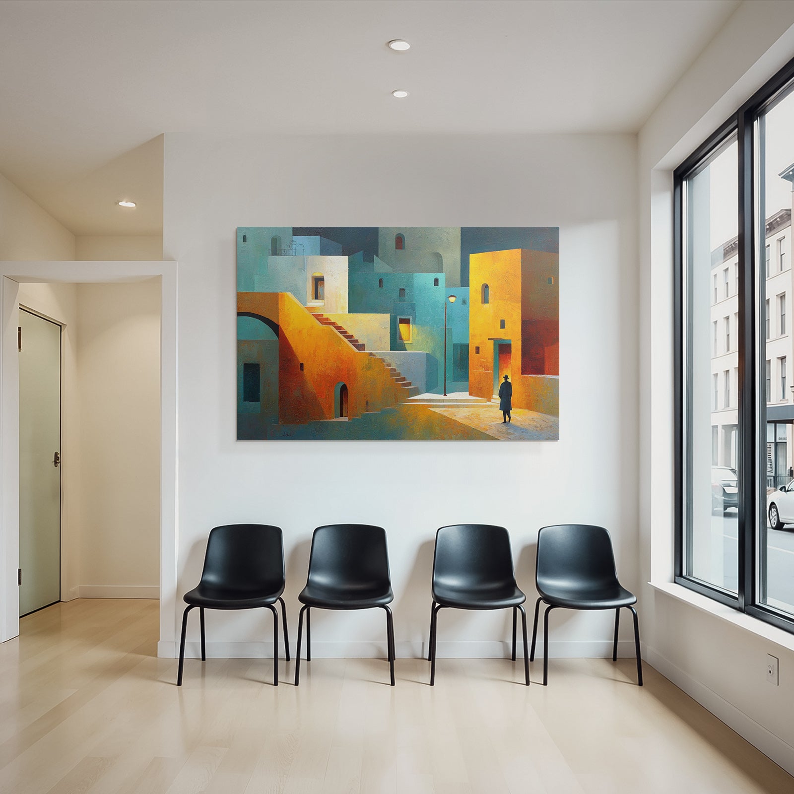 Fantastisch Surreal Bunte Abstrakte Stadtlandschaft Mit Treppen Und Einsamer Figur