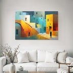 Fantastisch Surreal Bunte Abstrakte Stadtlandschaft Mit Treppen Und Einsamer Figur