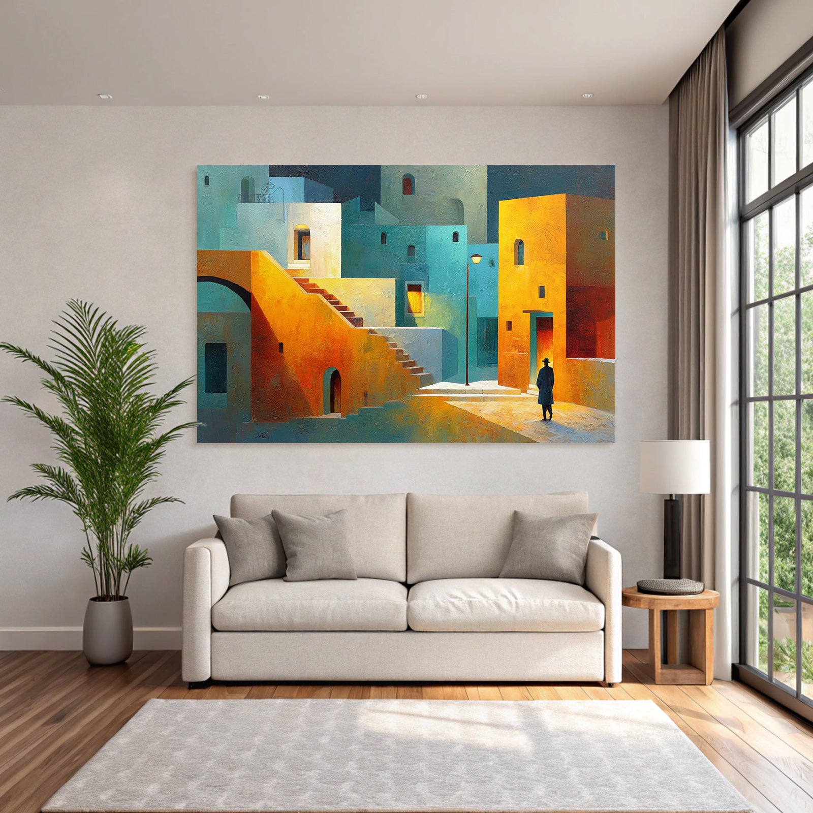 Fantastisch Surreal Bunte Abstrakte Stadtlandschaft Mit Treppen Und Einsamer Figur