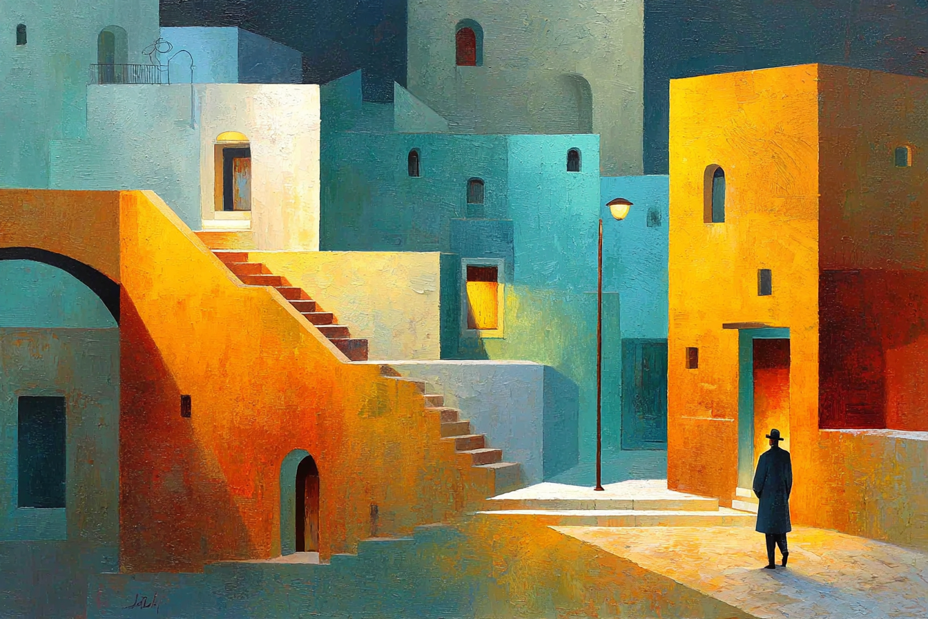 Fantastisch Surreal Bunte Abstrakte Stadtlandschaft Mit Treppen Und Einsamer Figur | Fantastisch und Surreal | Stilrichtungen