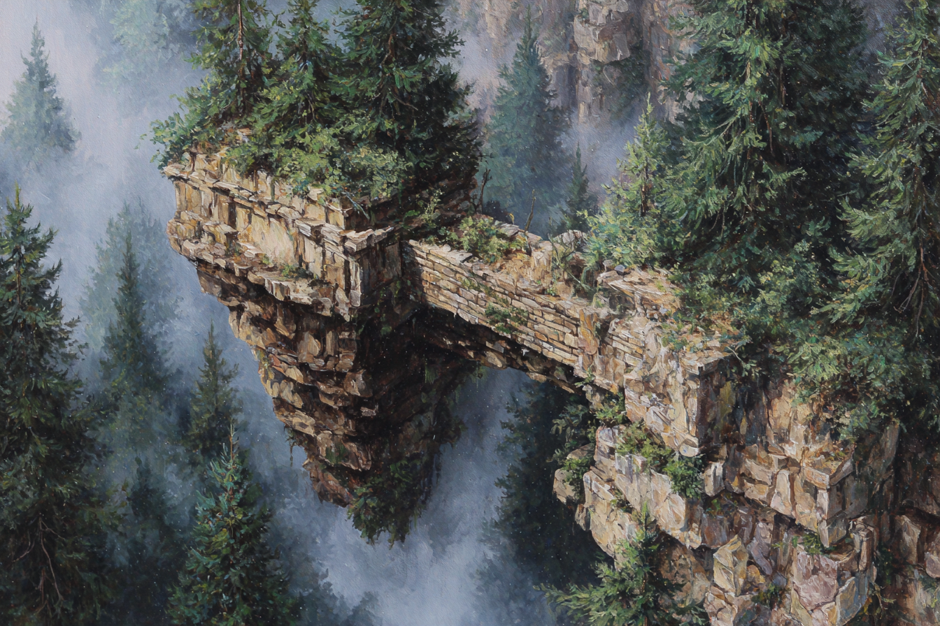 Fantastisch Surreal Felsklippe Mit Kiefern Im Nebel | Fantastisch und Surreal | Stilrichtungen