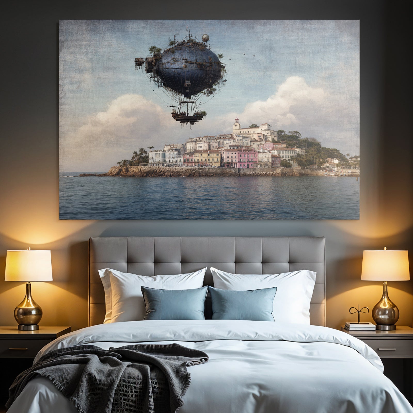 Fantastisch Surreal Luftschiff Über Bunten Küstendorf Mit Palmen