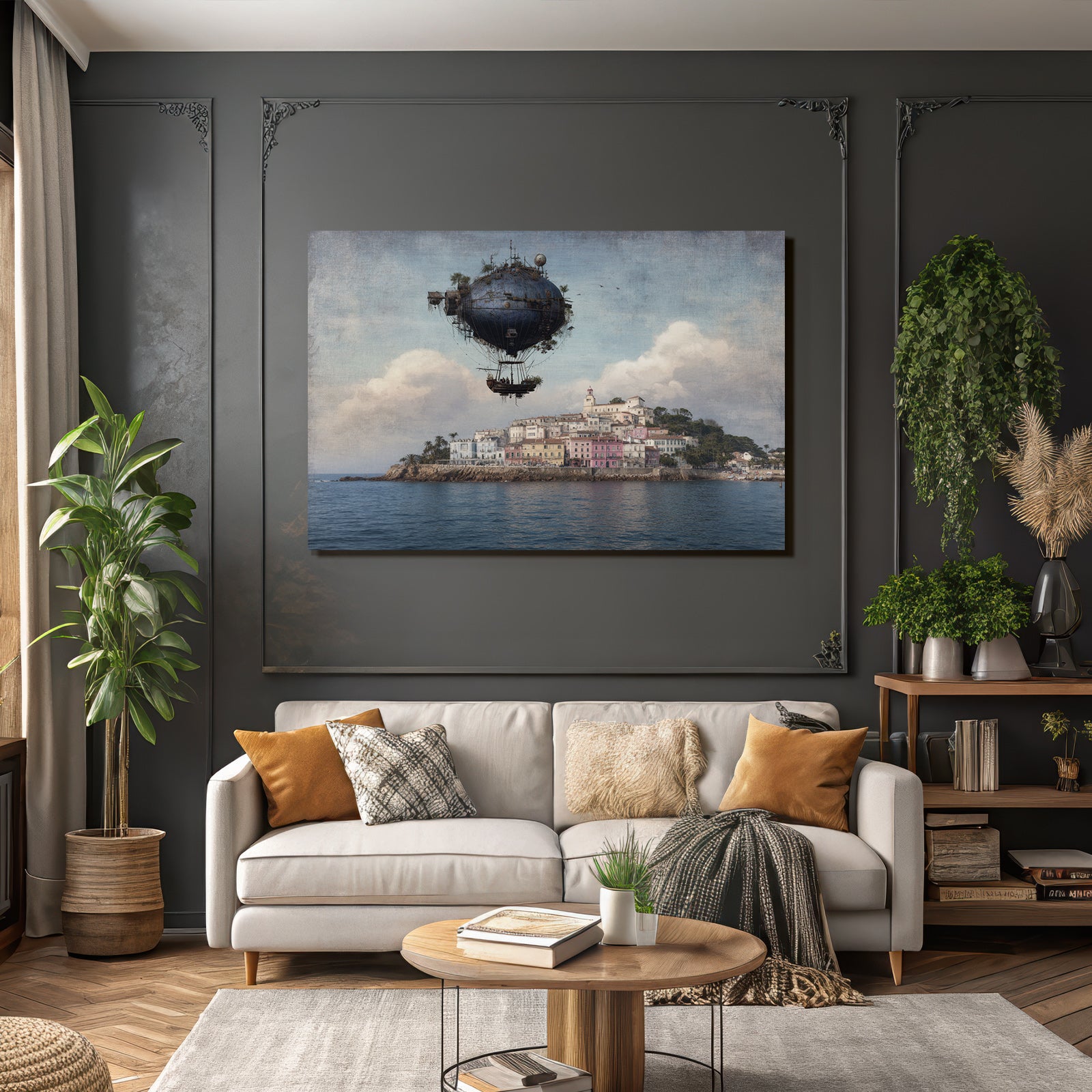 Fantastisch Surreal Luftschiff Über Bunten Küstendorf Mit Palmen