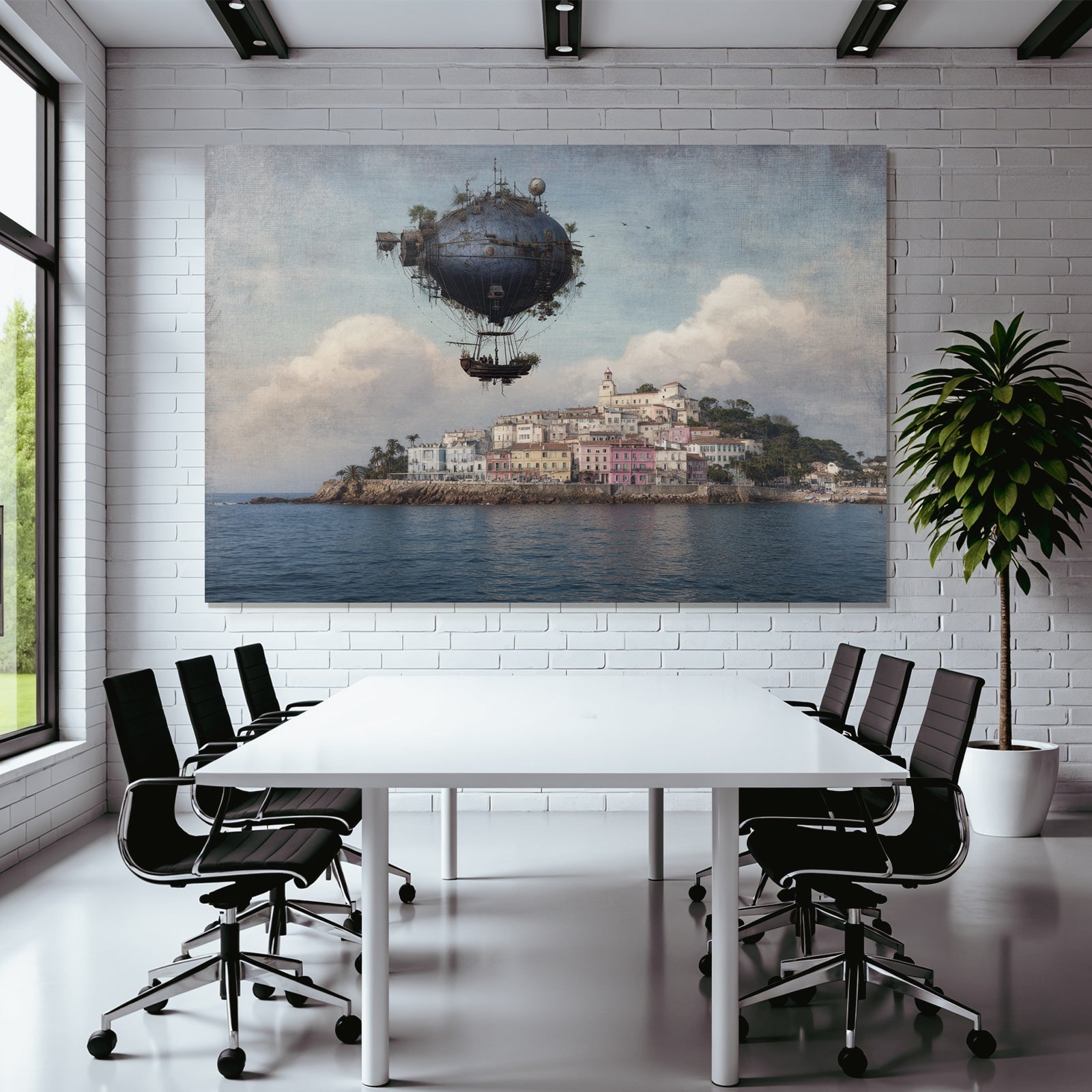 Fantastisch Surreal Luftschiff Über Bunten Küstendorf Mit Palmen