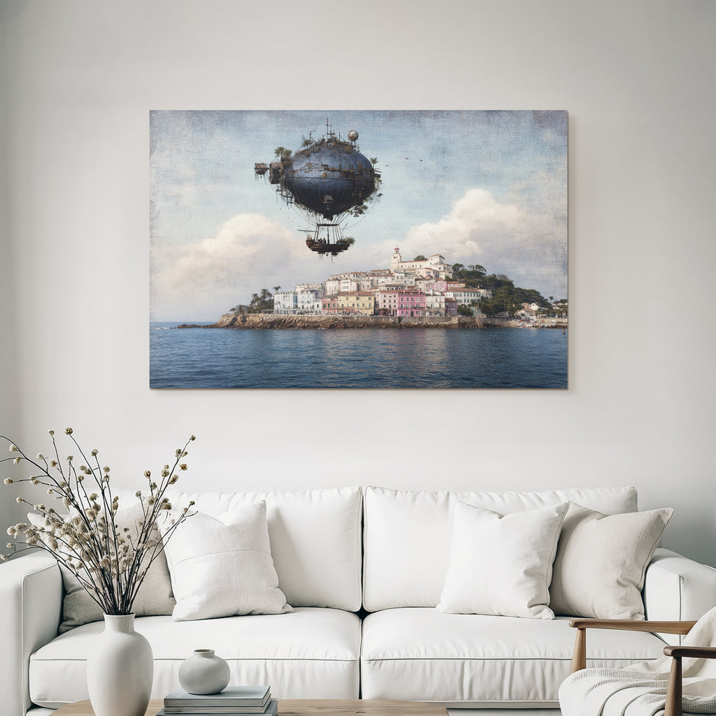 Fantastisch Surreal Luftschiff Über Bunten Küstendorf Mit Palmen