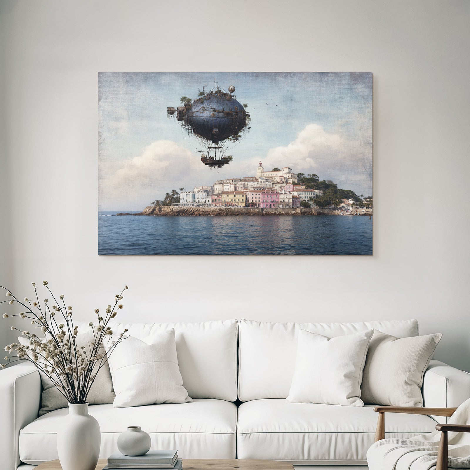 Fantastisch Surreal Luftschiff Über Bunten Küstendorf Mit Palmen