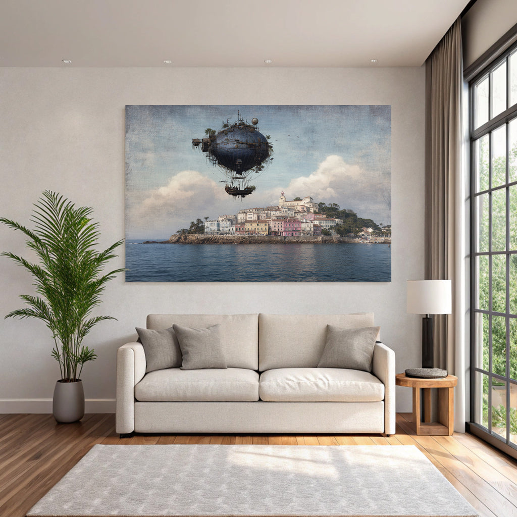 Fantastisch Surreal Luftschiff Über Bunten Küstendorf Mit Palmen
