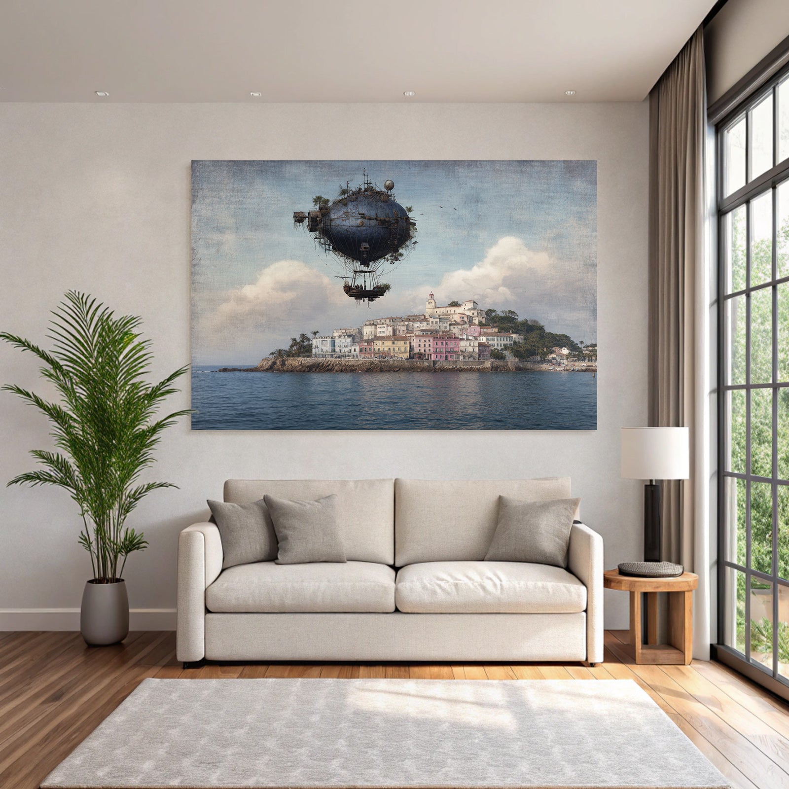 Fantastisch Surreal Luftschiff Über Bunten Küstendorf Mit Palmen