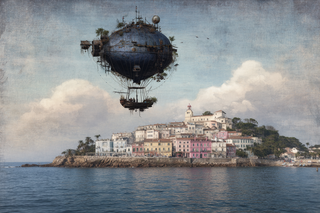 Fantastisch Surreal Luftschiff Über Bunten Küstendorf Mit Palmen | Fantastisch und Surreal | Stilrichtungen