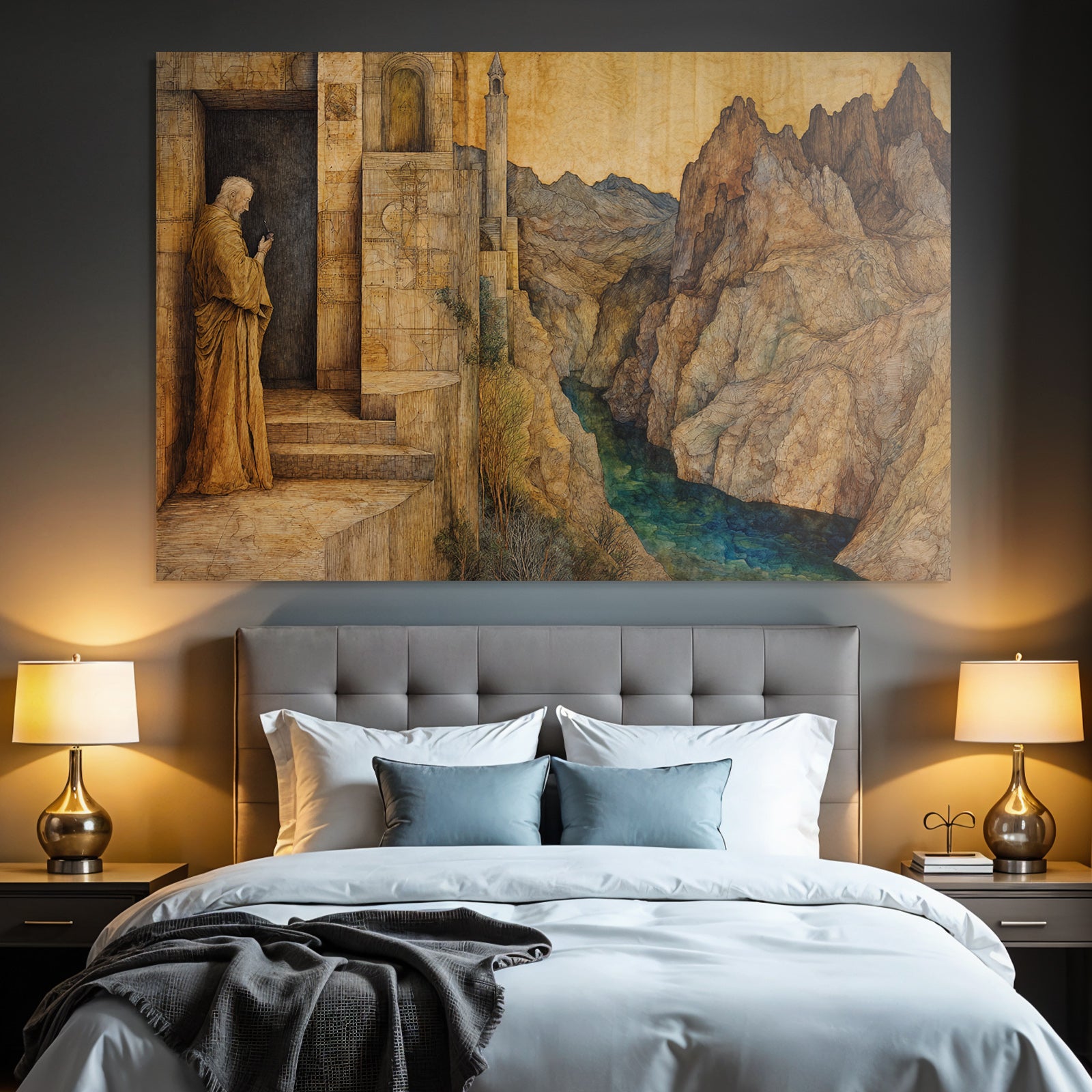 Fantastisch Surreal Malerische Landschaft Mit Bergfluss Und Figur Am Tor