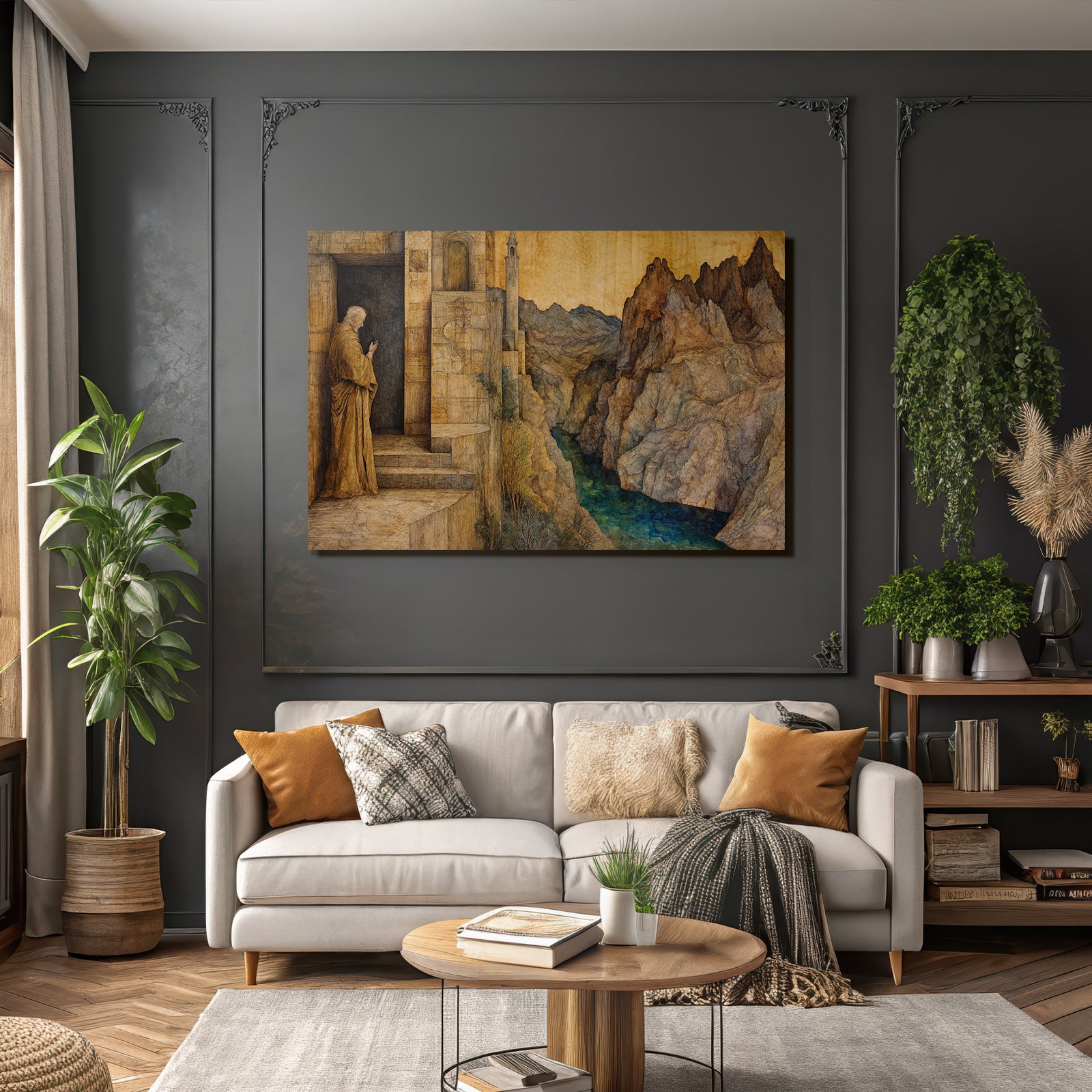 Fantastisch Surreal Malerische Landschaft Mit Bergfluss Und Figur Am Tor