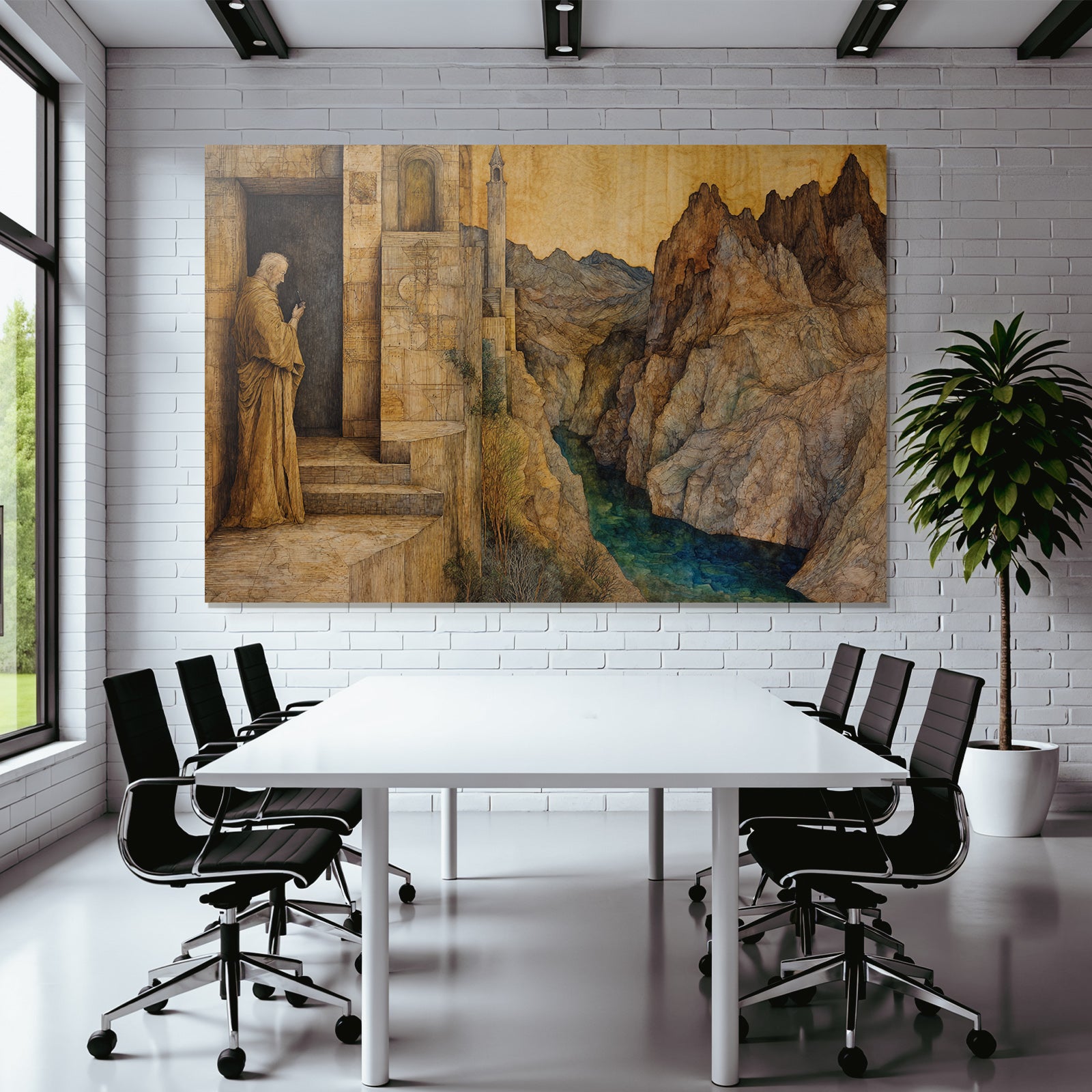 Fantastisch Surreal Malerische Landschaft Mit Bergfluss Und Figur Am Tor