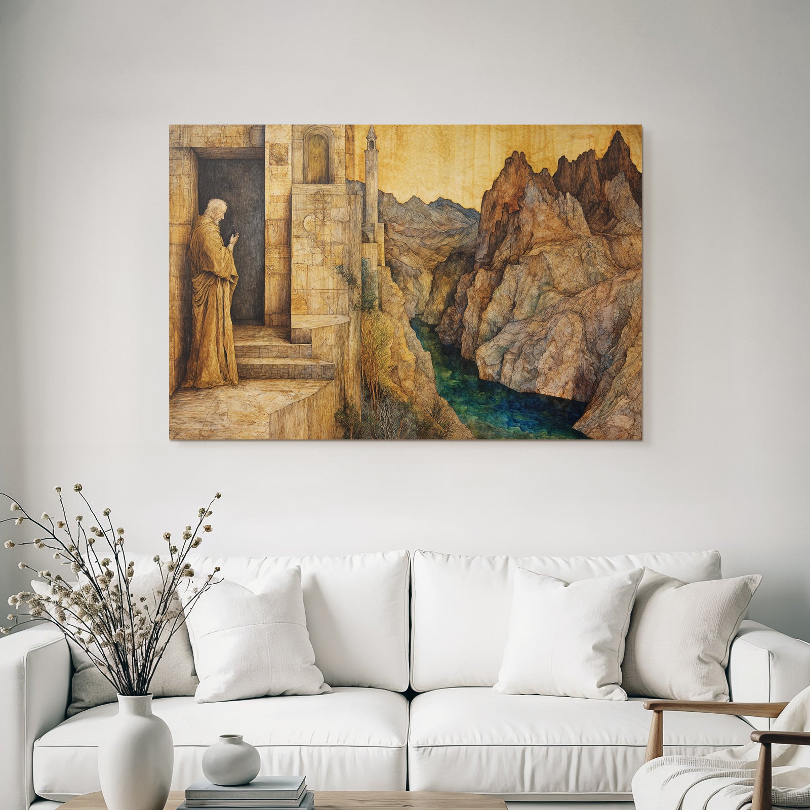 Fantastisch Surreal Malerische Landschaft Mit Bergfluss Und Figur Am Tor