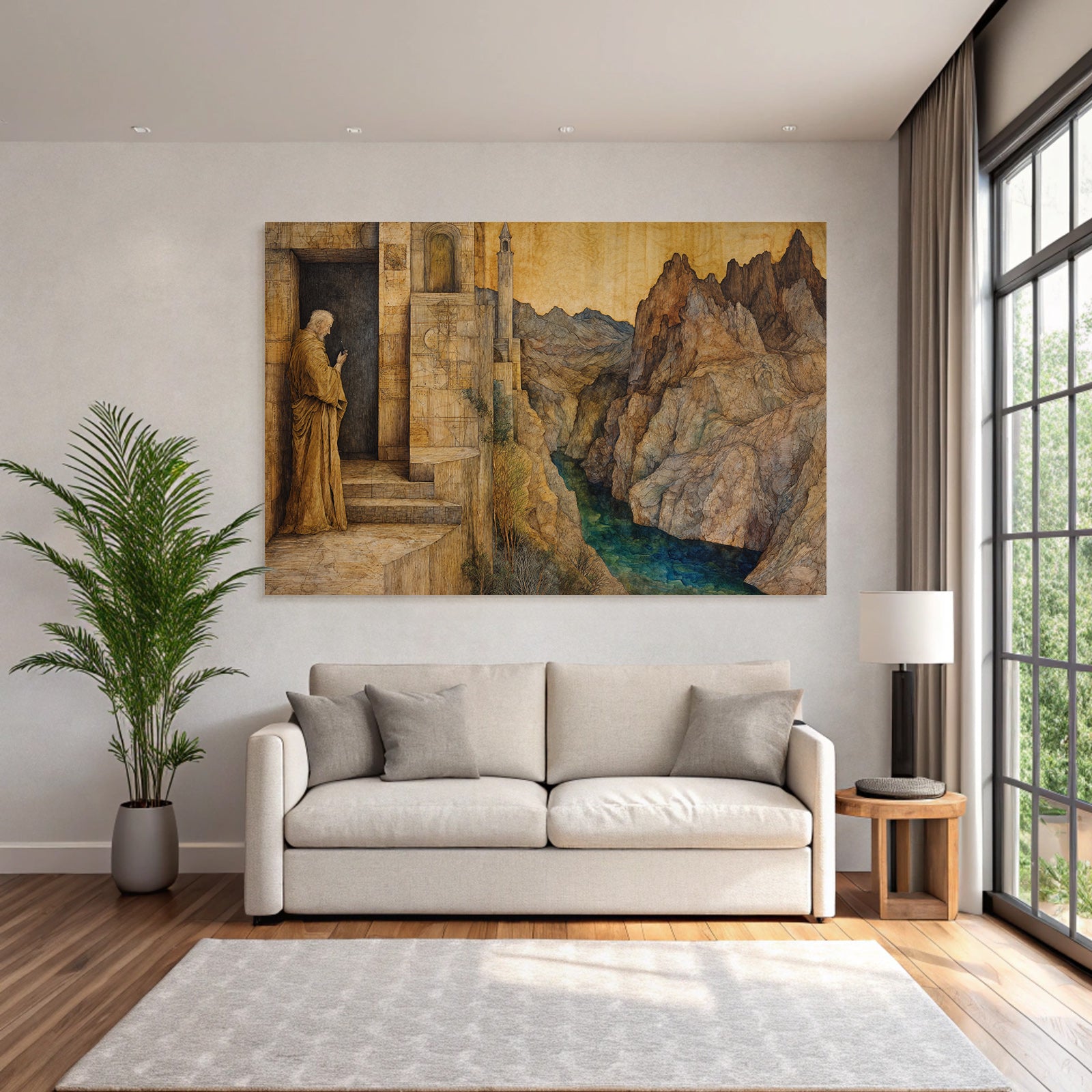 Fantastisch Surreal Malerische Landschaft Mit Bergfluss Und Figur Am Tor