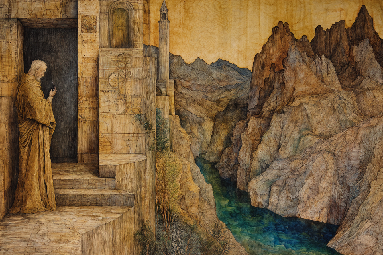 Fantastisch Surreal Malerische Landschaft Mit Bergfluss Und Figur Am Tor | Fantastisch und Surreal | Stilrichtungen