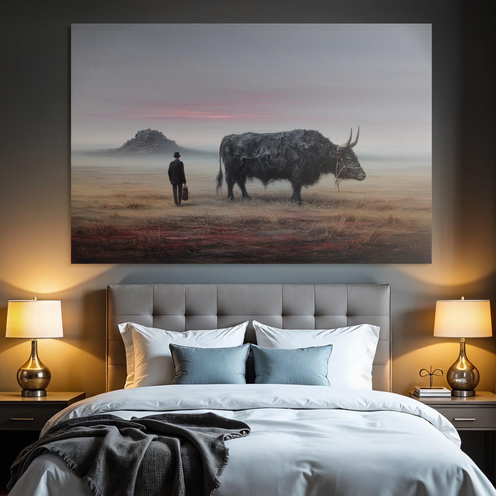 Fantastisch Surreal Mann Mit Hut Neben Stier In Surrealer Landschaft