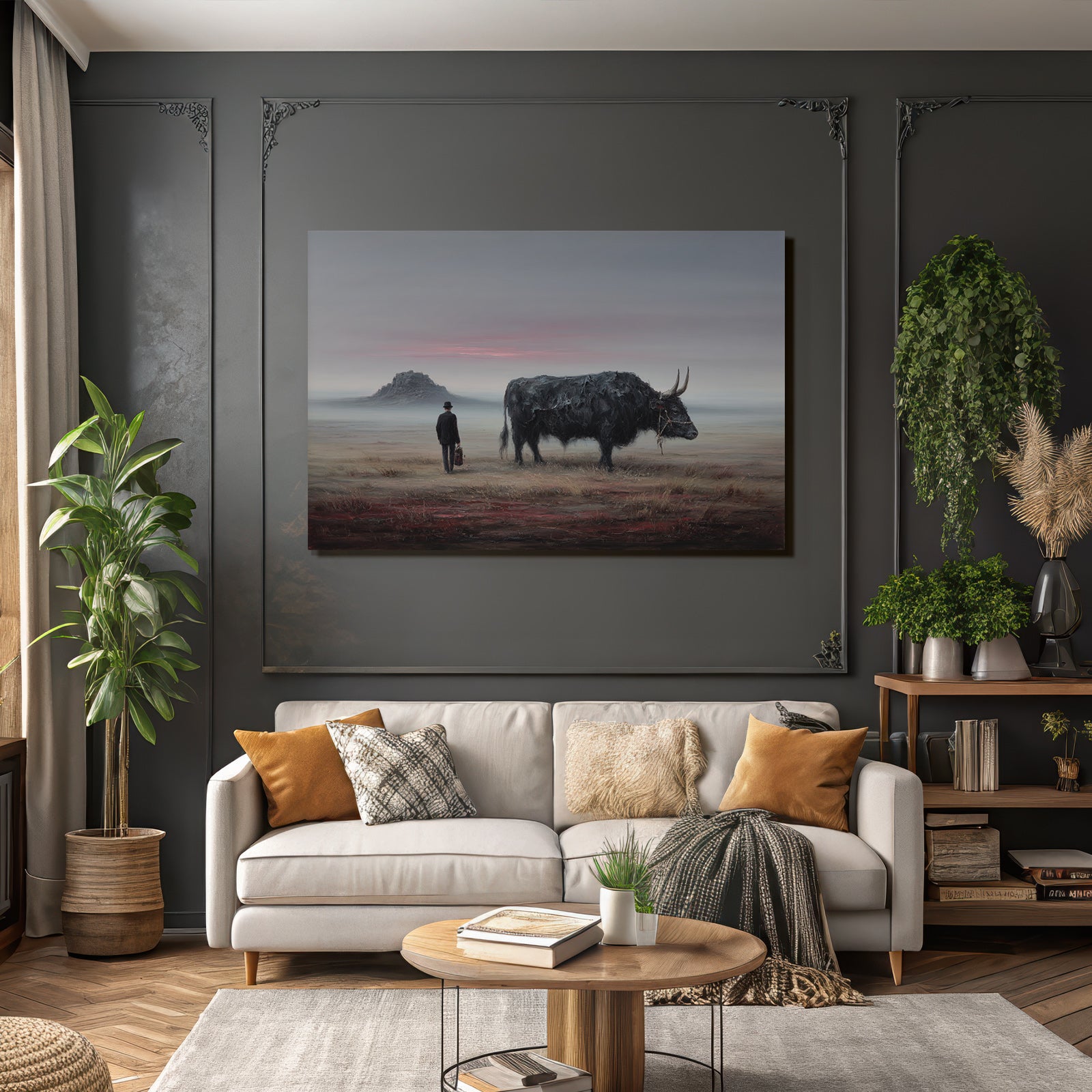 Fantastisch Surreal Mann Mit Hut Neben Stier In Surrealer Landschaft