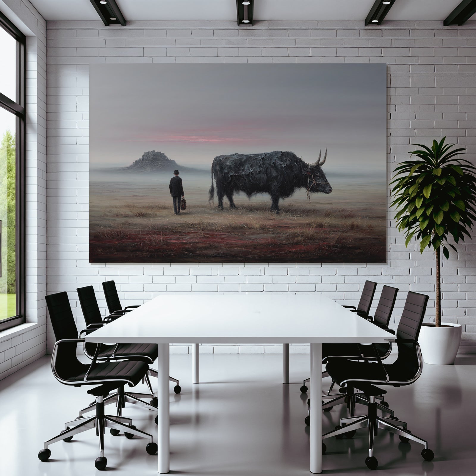 Fantastisch Surreal Mann Mit Hut Neben Stier In Surrealer Landschaft