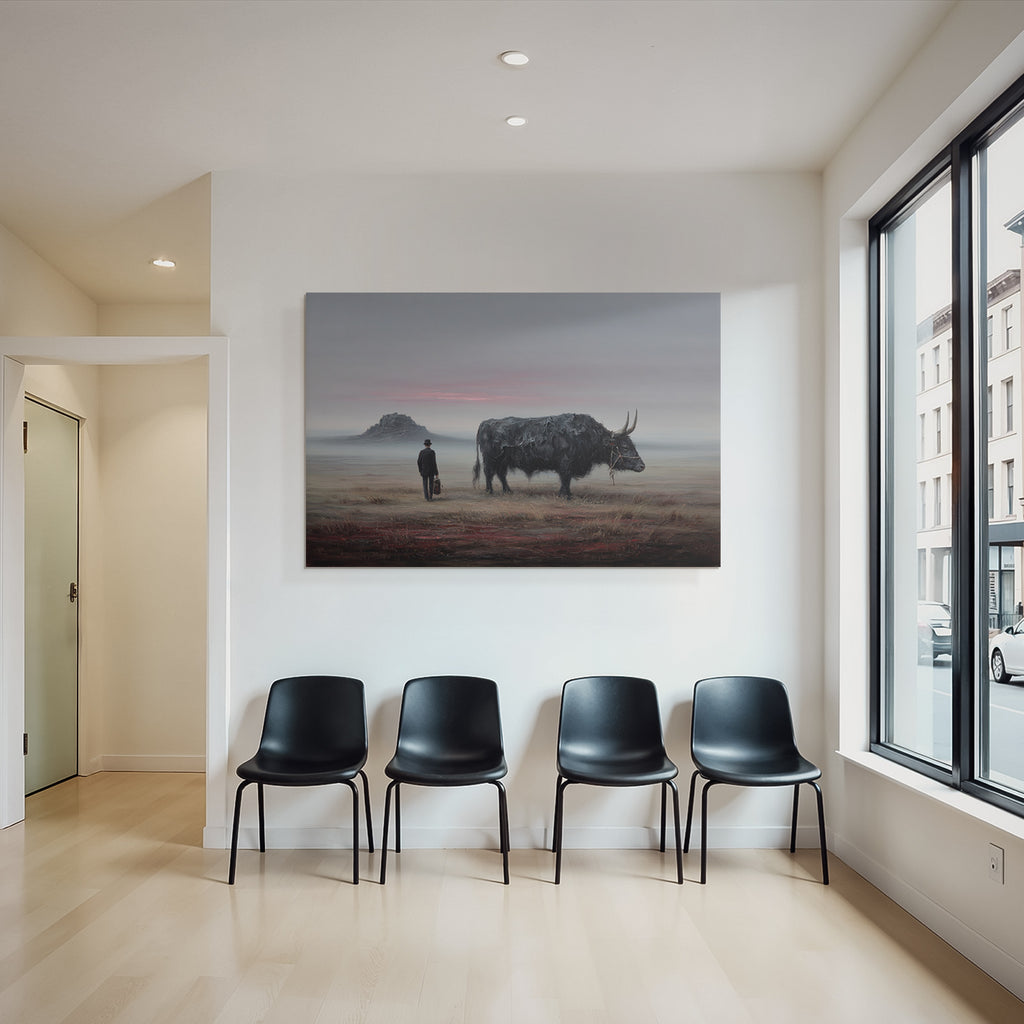 Fantastisch Surreal Mann Mit Hut Neben Stier In Surrealer Landschaft