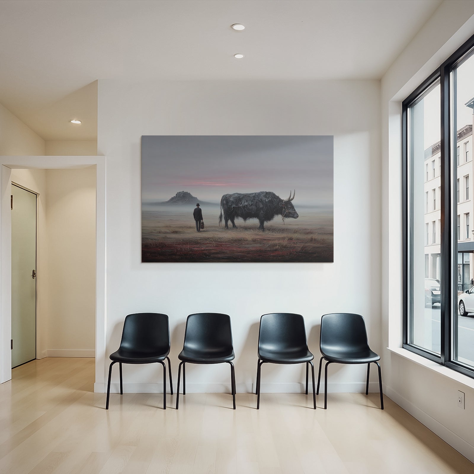Fantastisch Surreal Mann Mit Hut Neben Stier In Surrealer Landschaft