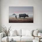 Fantastisch Surreal Mann Mit Hut Neben Stier In Surrealer Landschaft