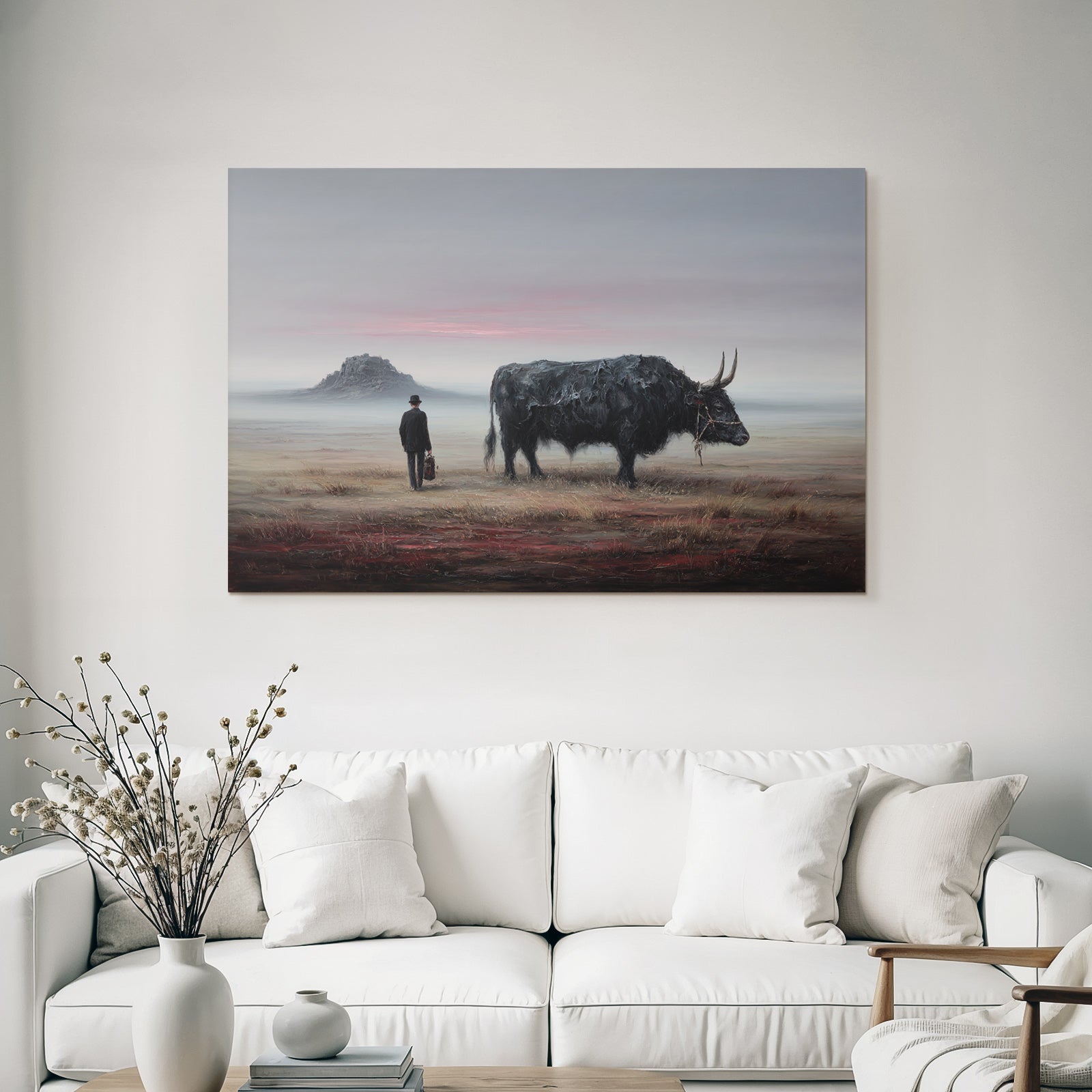 Fantastisch Surreal Mann Mit Hut Neben Stier In Surrealer Landschaft