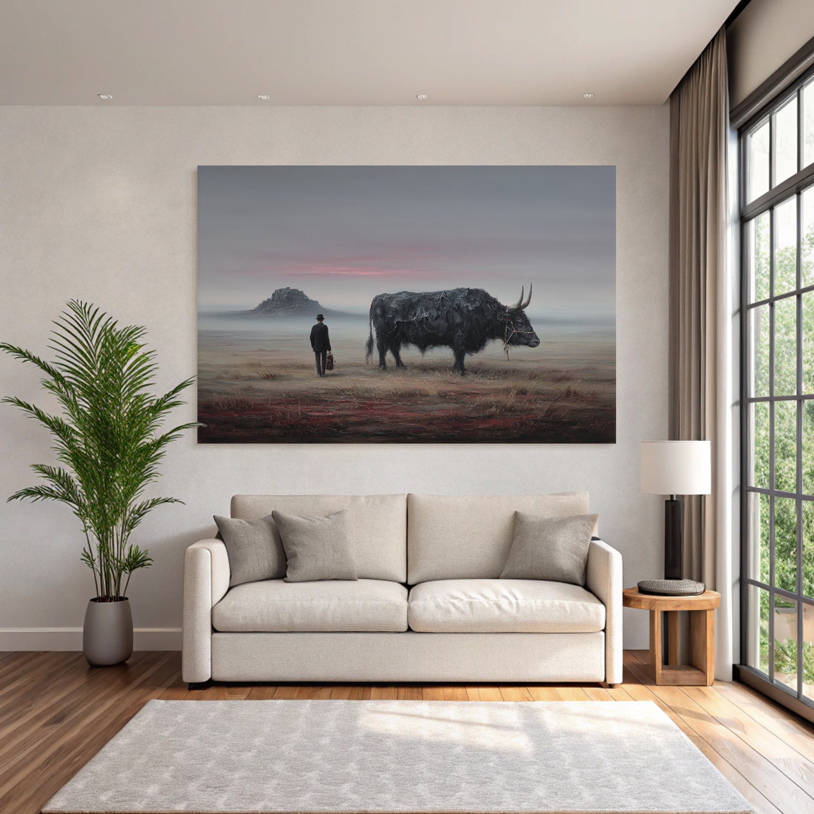 Fantastisch Surreal Mann Mit Hut Neben Stier In Surrealer Landschaft