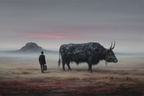 Fantastisch Surreal Mann Mit Hut Neben Stier In Surrealer Landschaft | Fantastisch und Surreal | Stilrichtungen