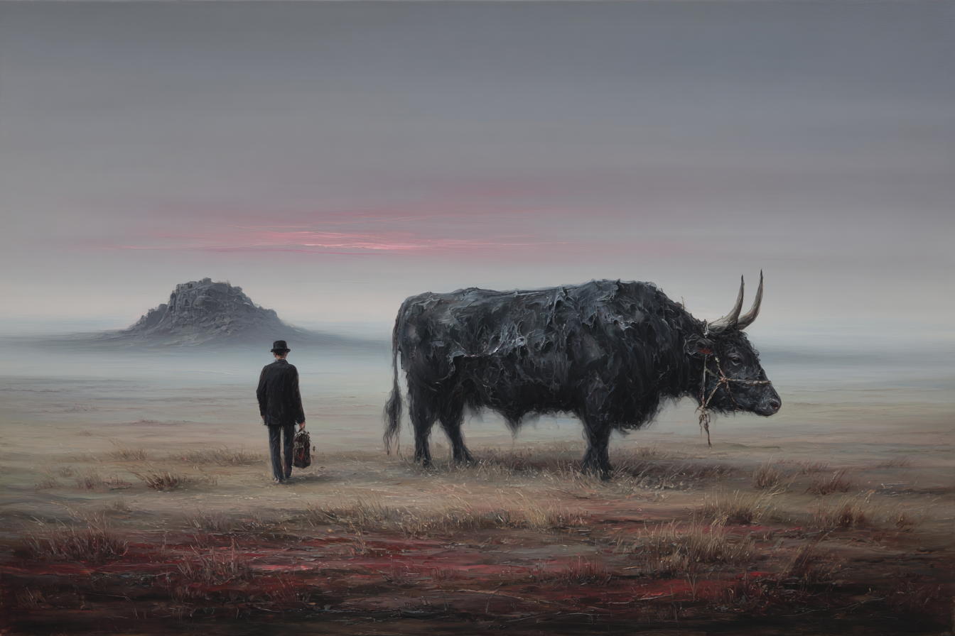 Fantastisch Surreal Mann Mit Hut Neben Stier In Surrealer Landschaft | Fantastisch und Surreal | Stilrichtungen