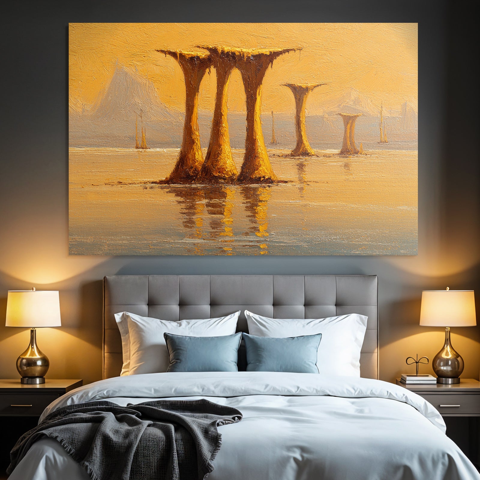 Fantastisch Surreal Mystische Saeulen Über Spiegelnder Wasserfläche