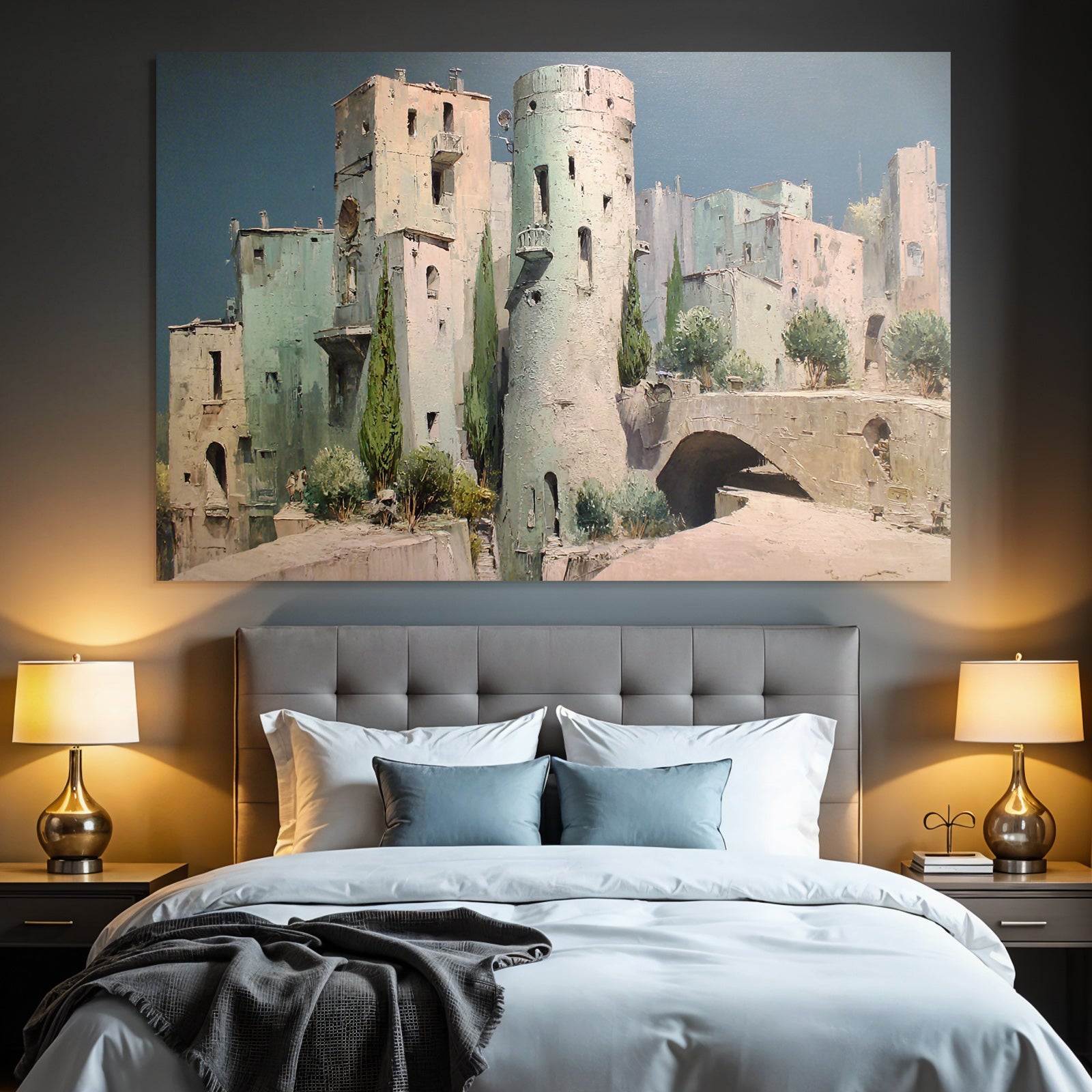 Fantastisch Surreal Ruhige Alte Stadt Mit Turm Und Büschen