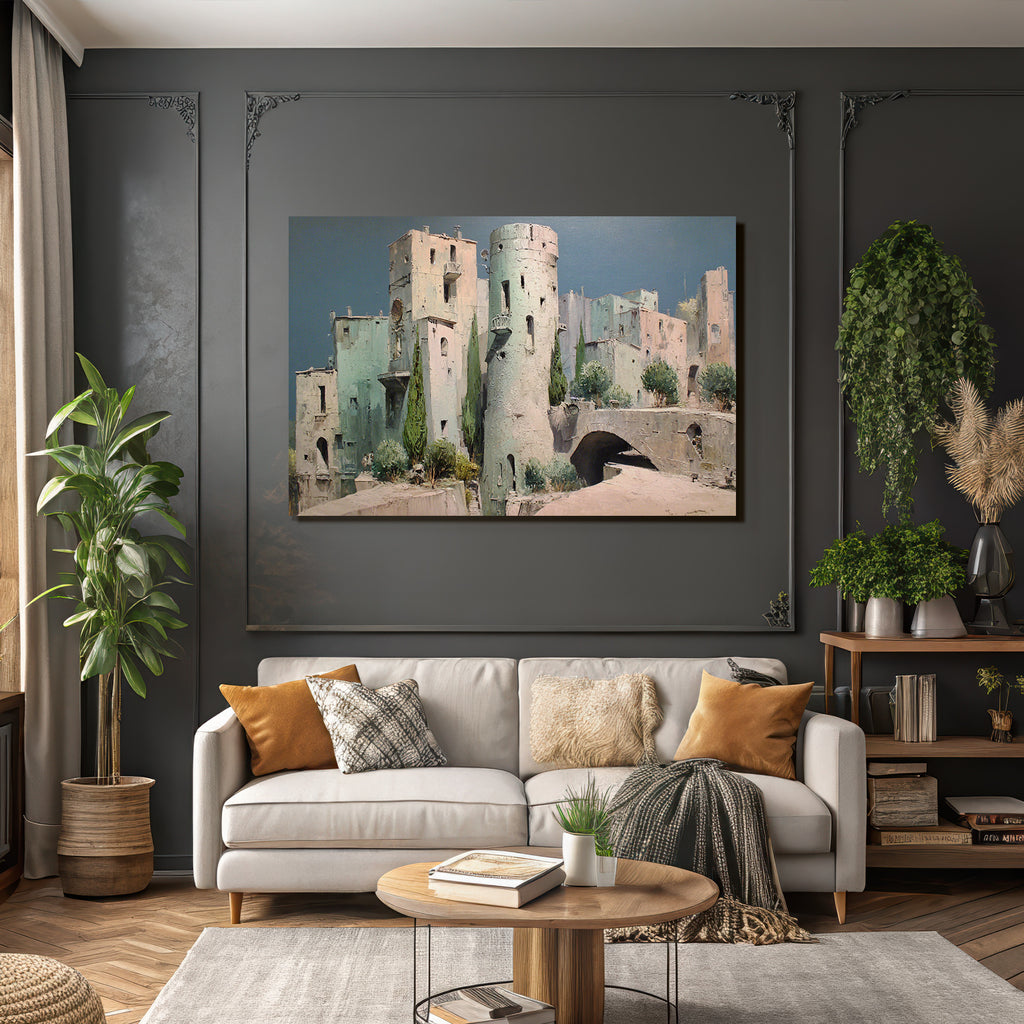 Fantastisch Surreal Ruhige Alte Stadt Mit Turm Und Büschen