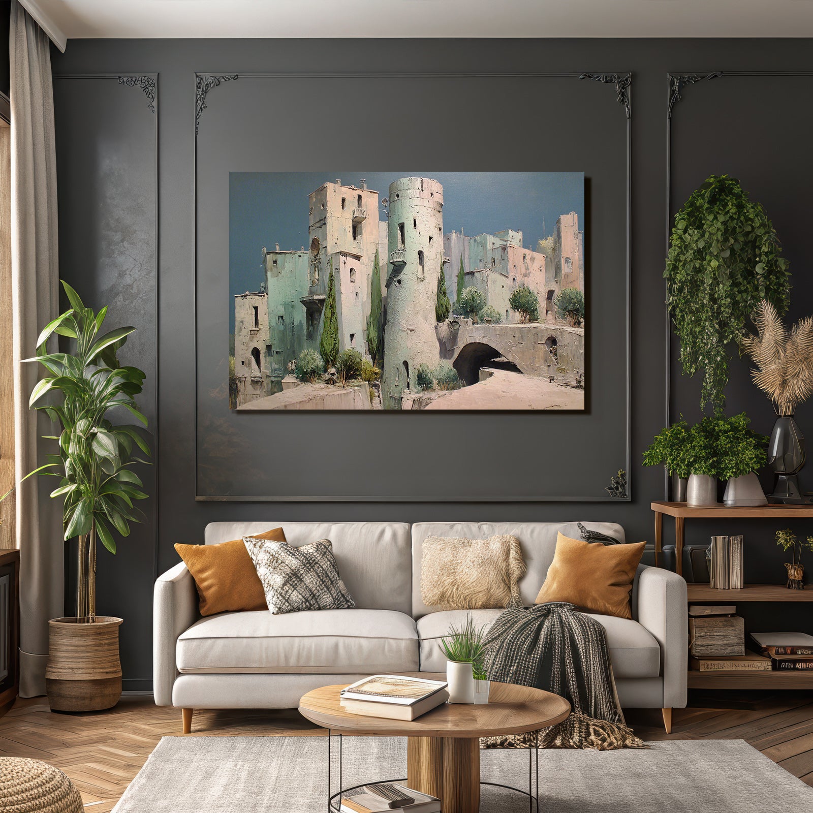 Fantastisch Surreal Ruhige Alte Stadt Mit Turm Und Büschen