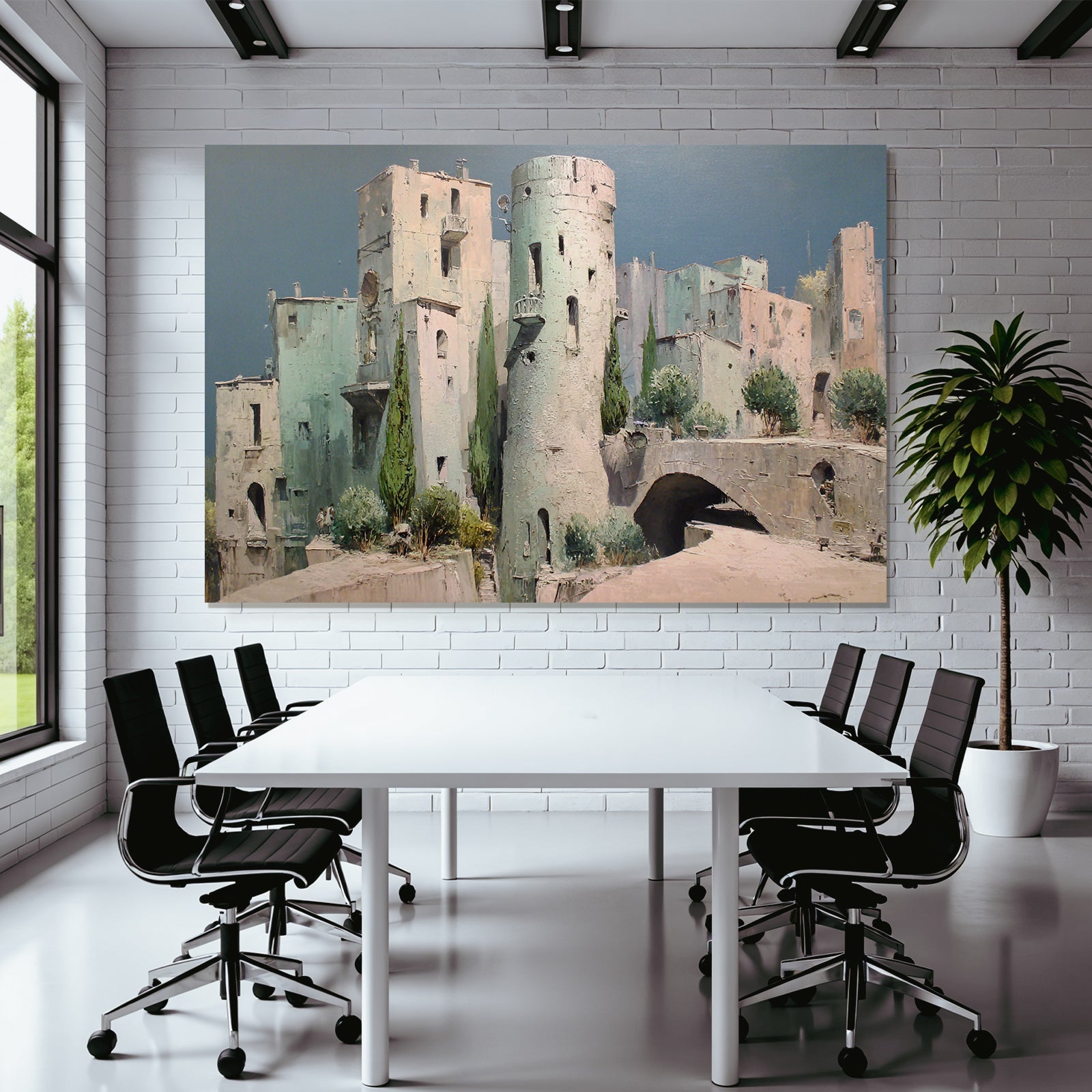 Fantastisch Surreal Ruhige Alte Stadt Mit Turm Und Büschen