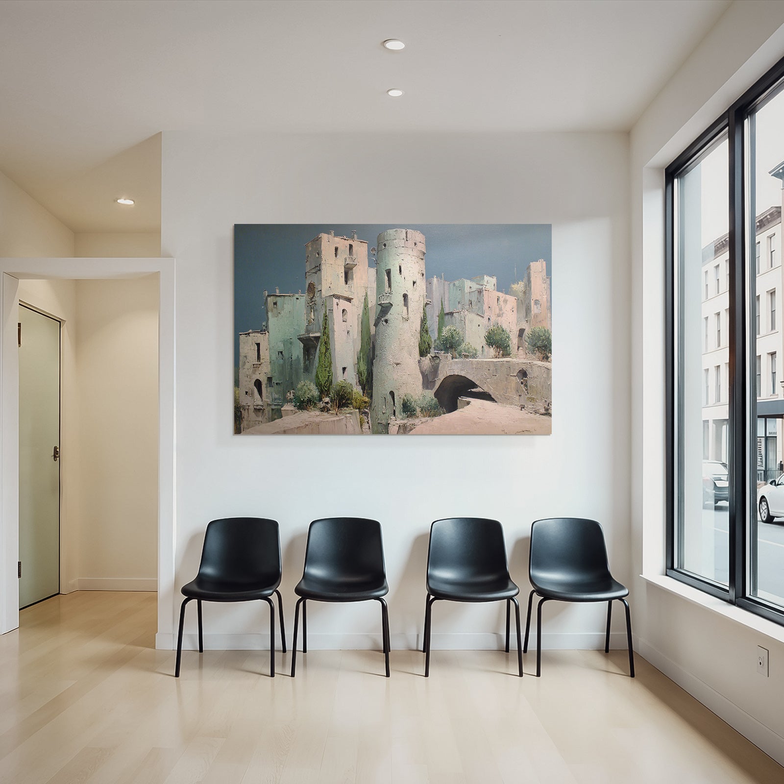 Fantastisch Surreal Ruhige Alte Stadt Mit Turm Und Büschen