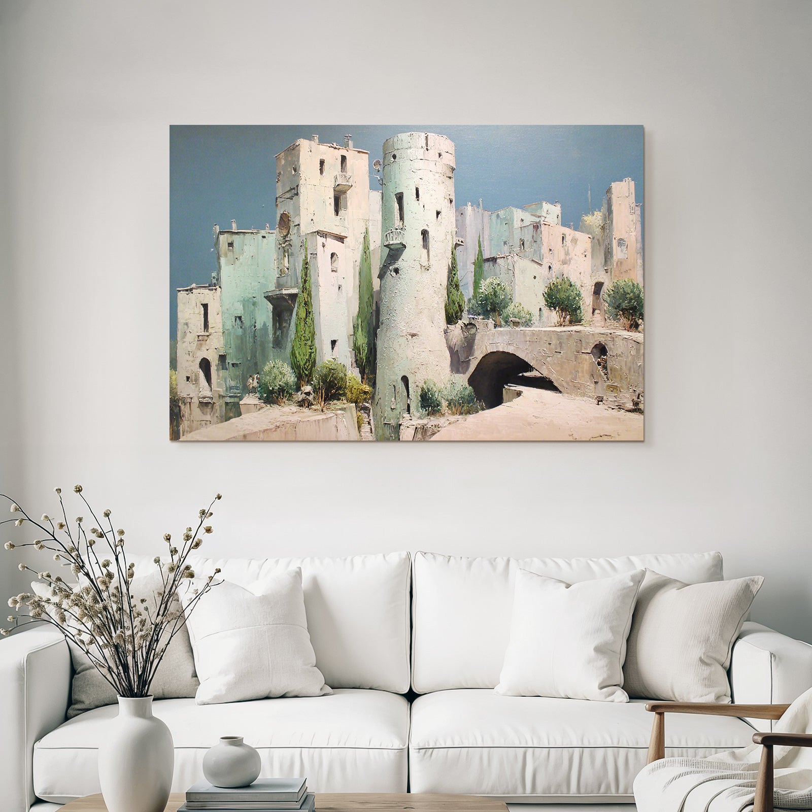Fantastisch Surreal Ruhige Alte Stadt Mit Turm Und Büschen