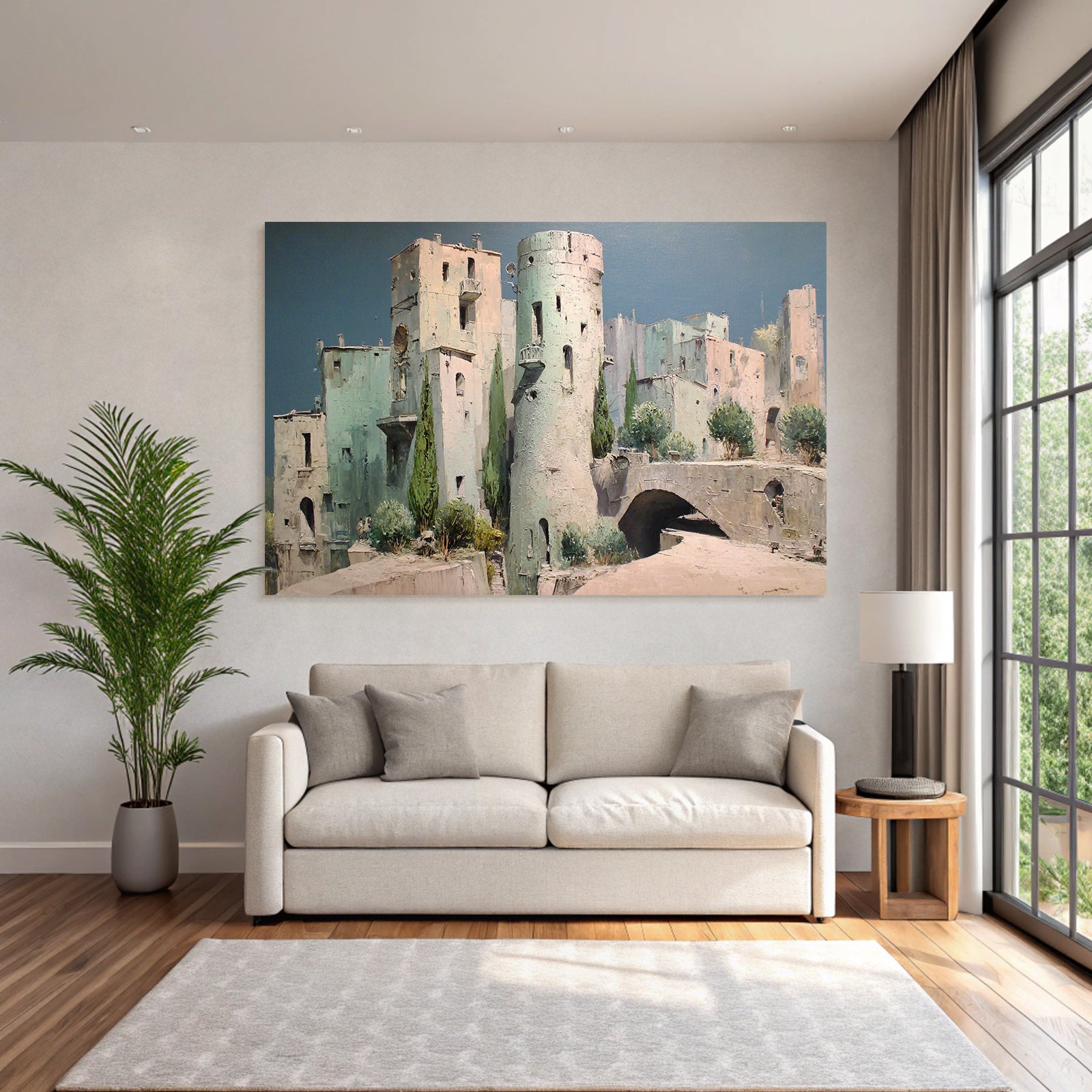 Fantastisch Surreal Ruhige Alte Stadt Mit Turm Und Büschen