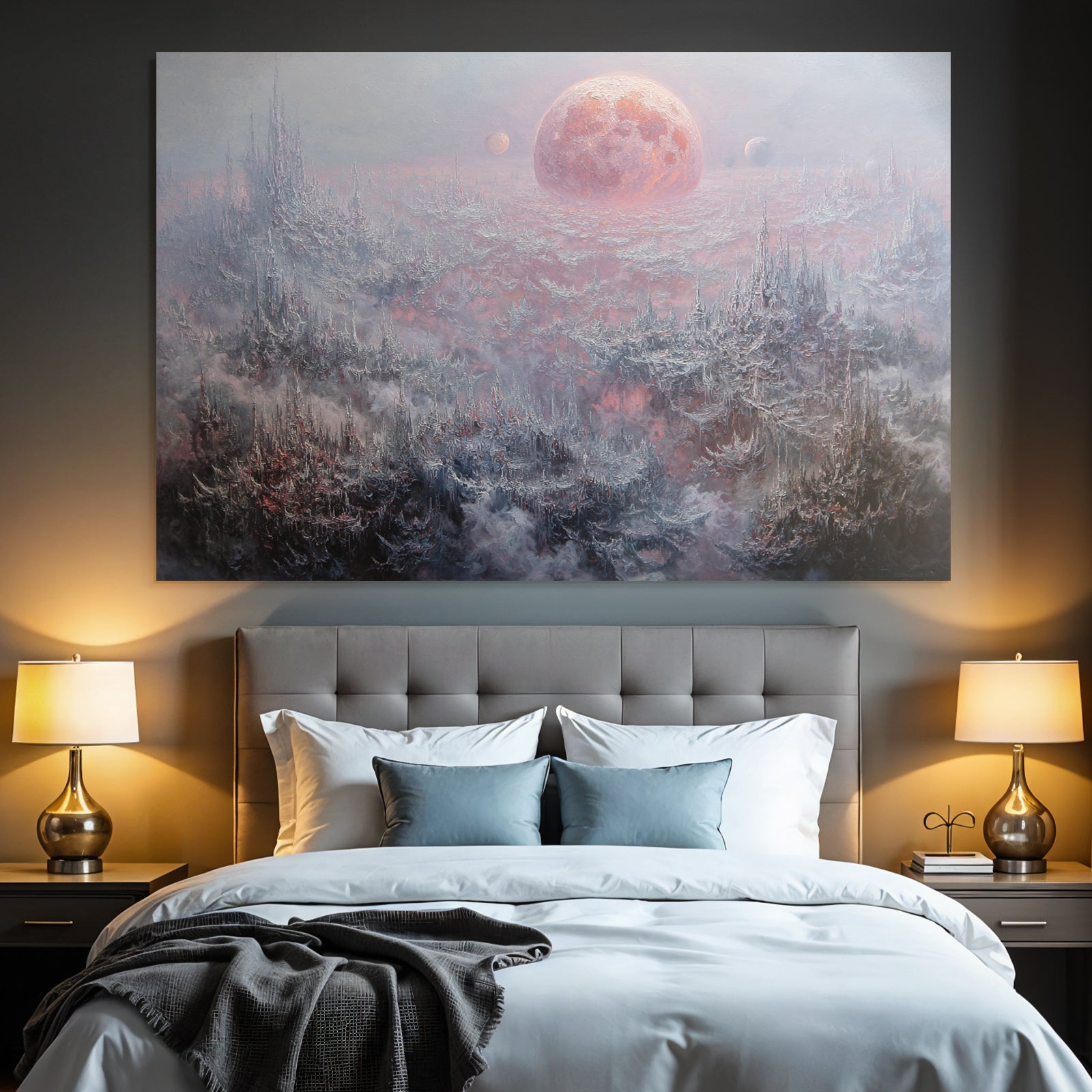 Fantastisch Surreal Surreale Andereweltliche Nebellandschaft Mit Rosigem Planeten