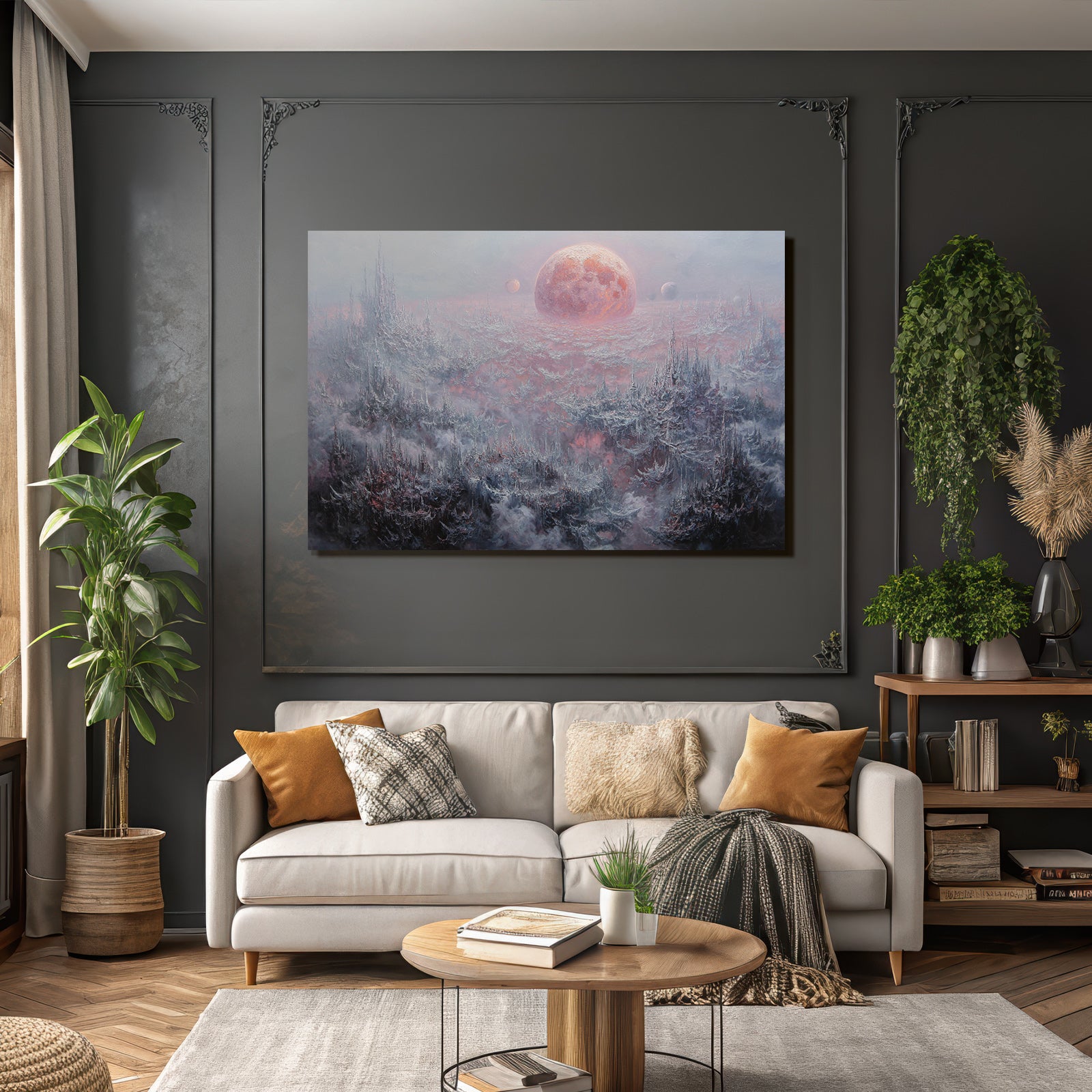 Fantastisch Surreal Surreale Andereweltliche Nebellandschaft Mit Rosigem Planeten