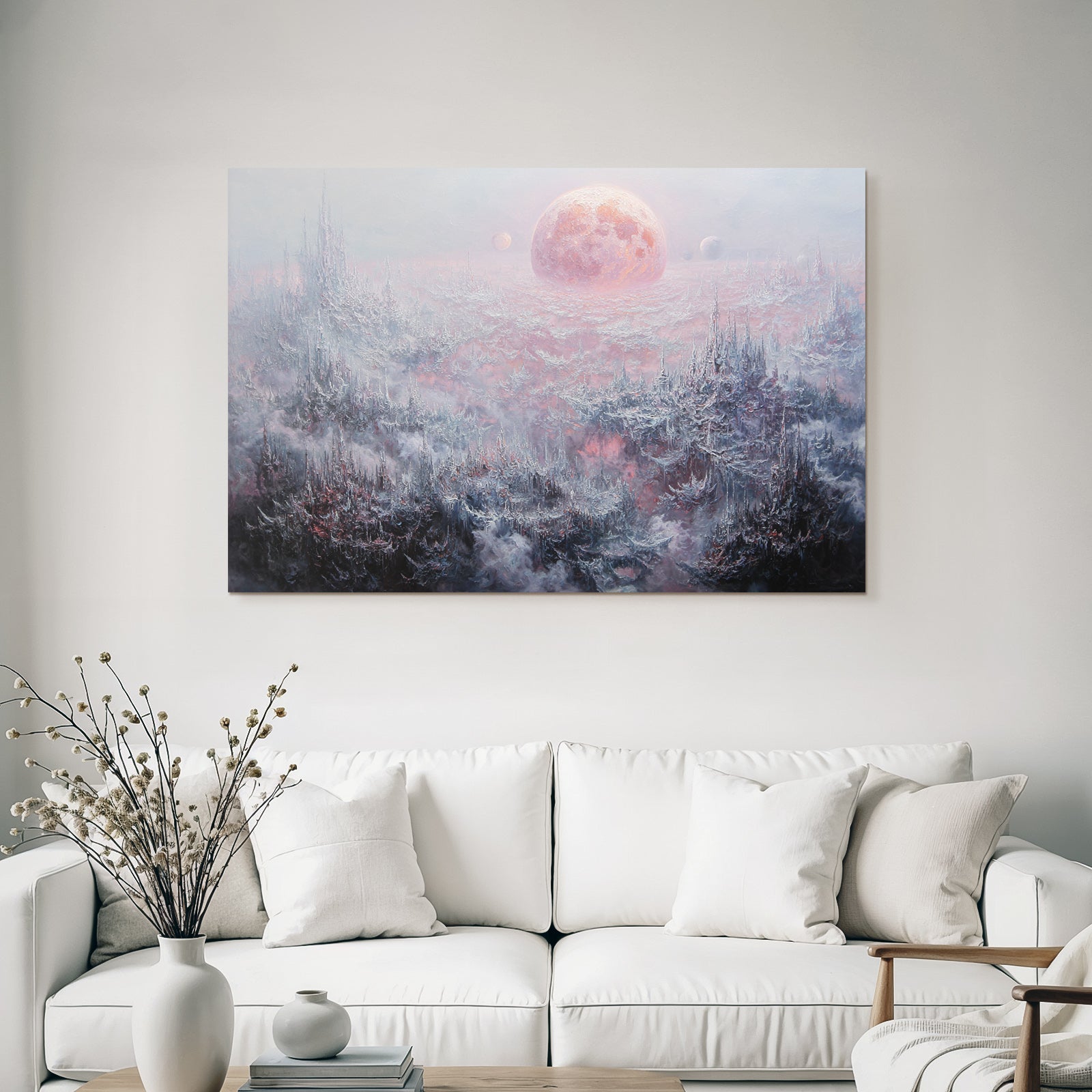 Fantastisch Surreal Surreale Andereweltliche Nebellandschaft Mit Rosigem Planeten