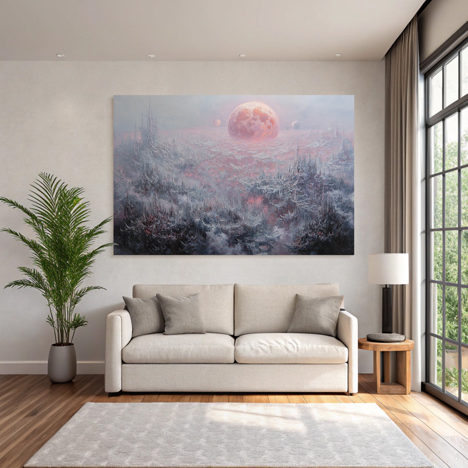 Fantastisch Surreal Surreale Andereweltliche Nebellandschaft Mit Rosigem Planeten