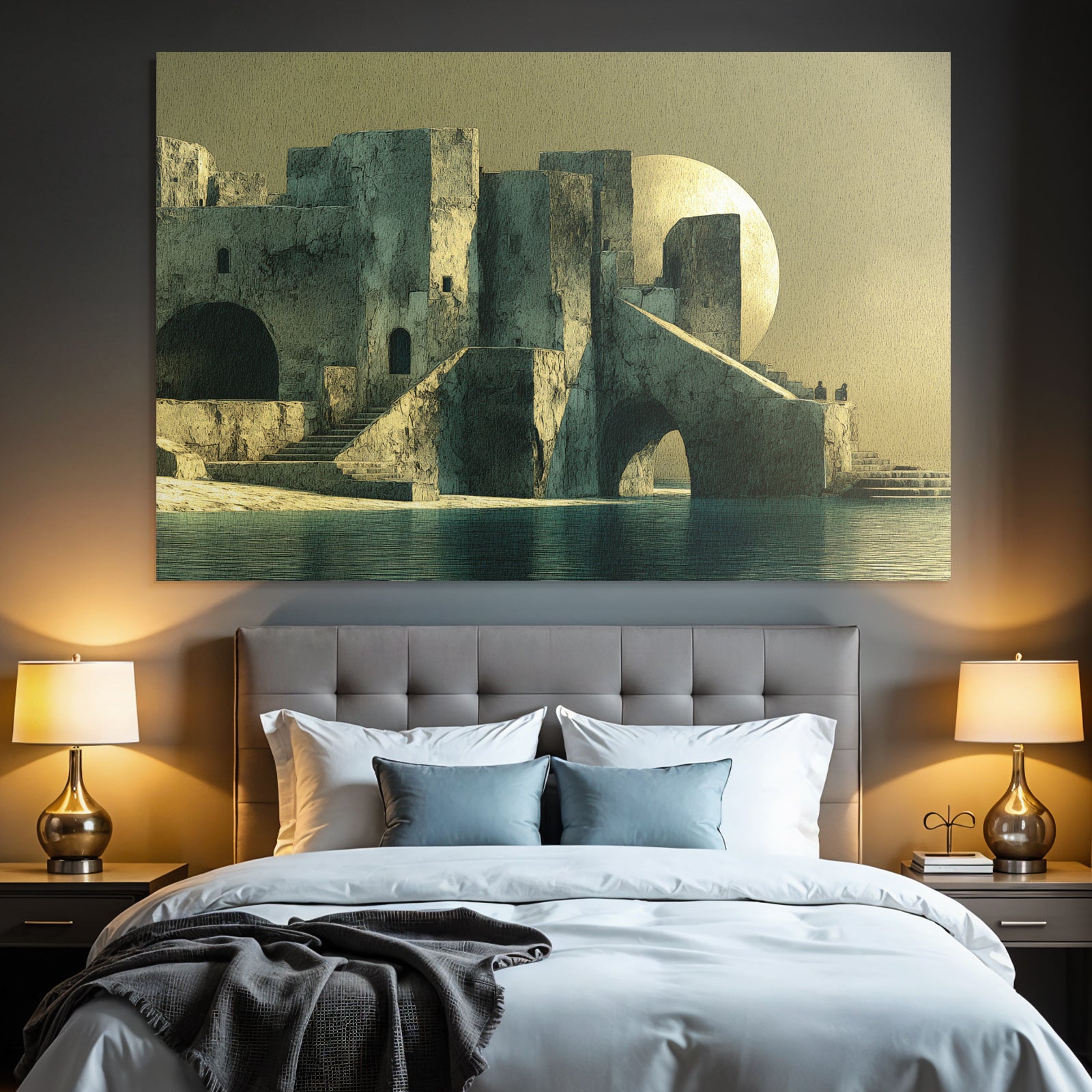 Fantastisch Surreal Surreale Landschaft Mit Mond Und Ruhigen Wasserreflexionen