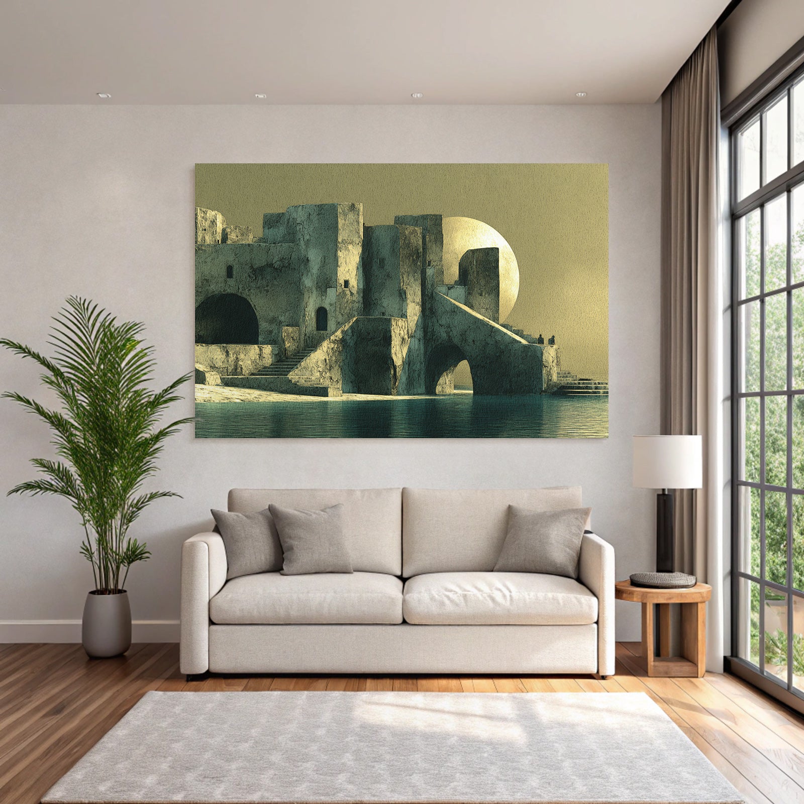 Fantastisch Surreal Surreale Landschaft Mit Mond Und Ruhigen Wasserreflexionen