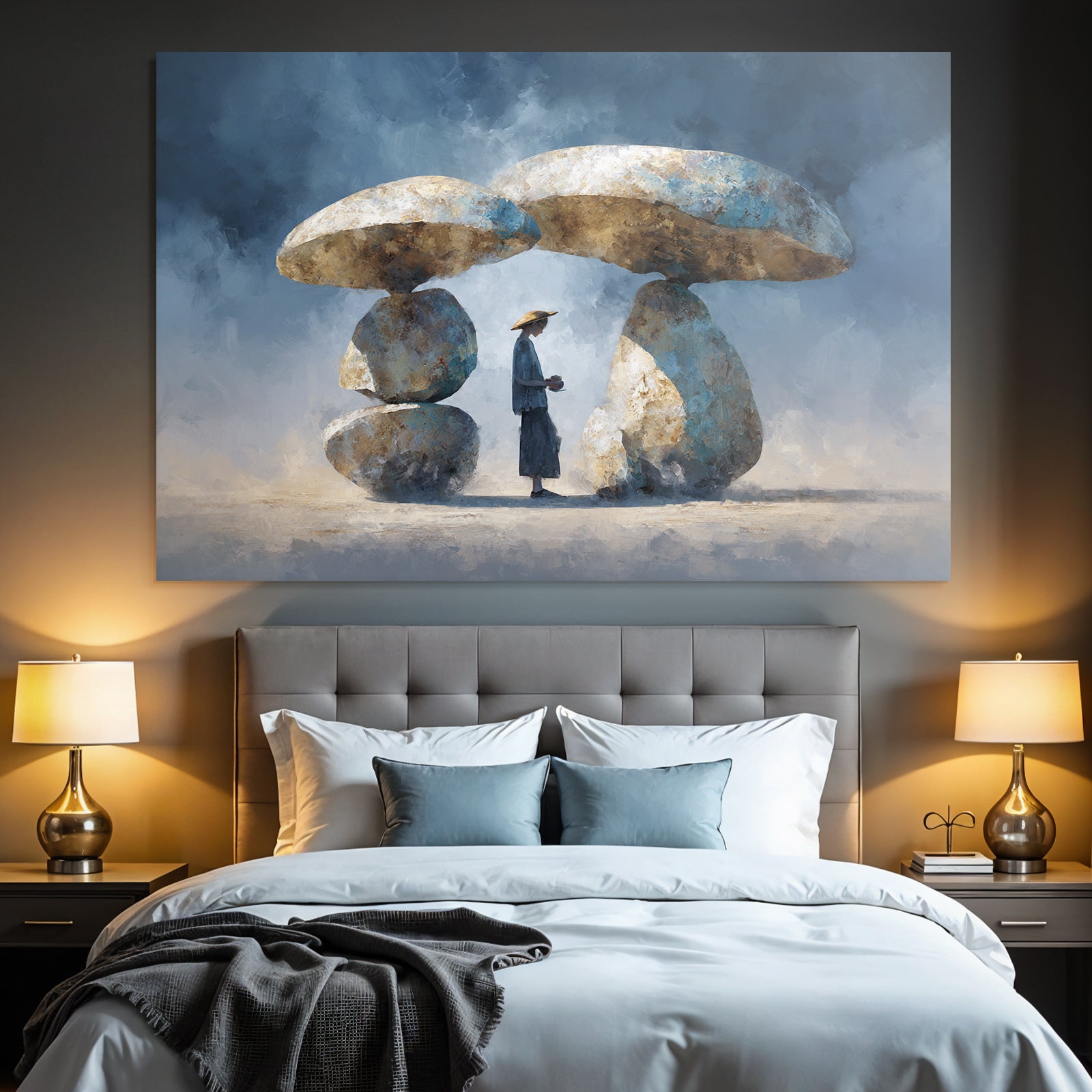 Fantastisch Surreal Traumhafte Landschaft Mit Pilzfelsen Und Strohhutfigur